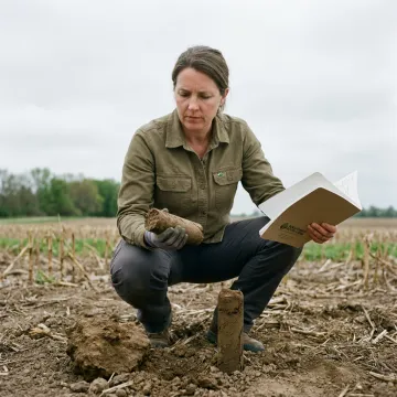 Consultant reviewing soil conditions on farmland