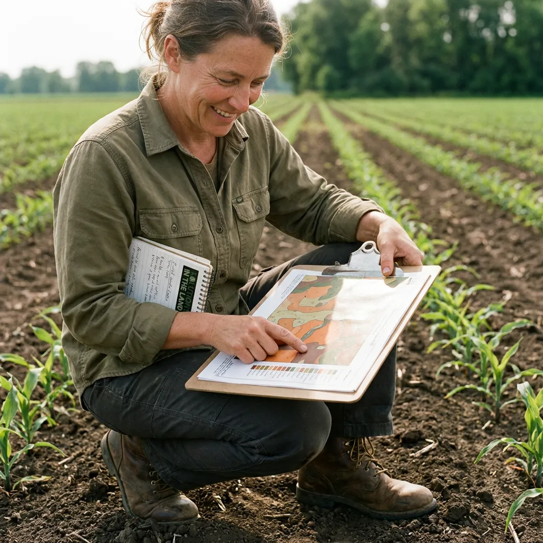 Consultant reviewing soil restoration plan on farmland
