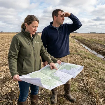 Consultants reviewing a watershed management plan on agricultural land