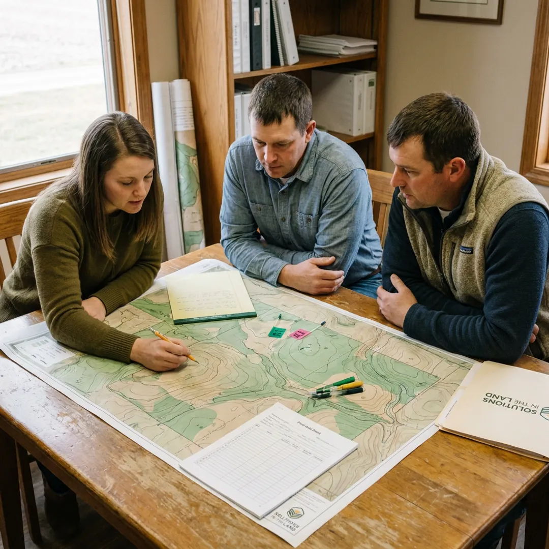 Farmland planning meeting with maps and notes
