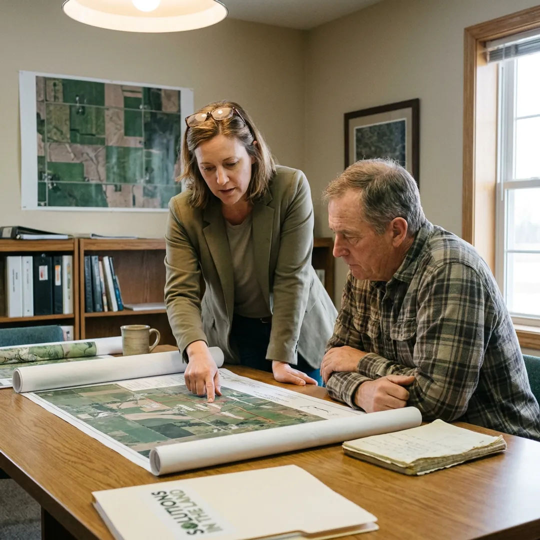 Consultant reviewing environmental site findings with client