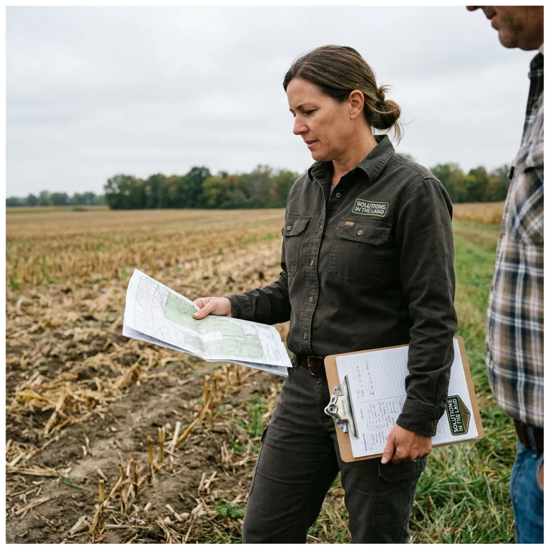 Consultant assessing farmland conditions and planning options