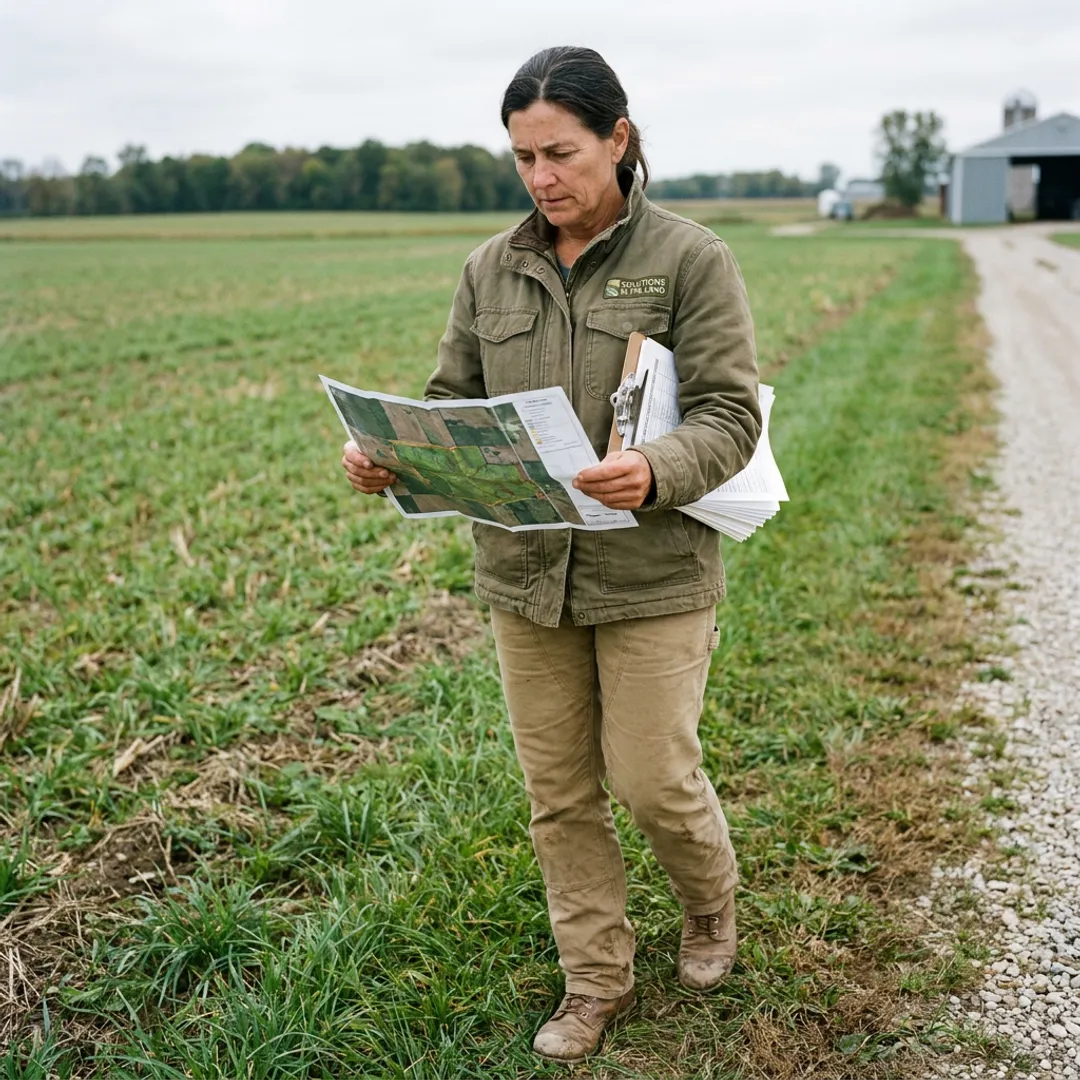 Consultant assessing farmland conditions and planning improvements