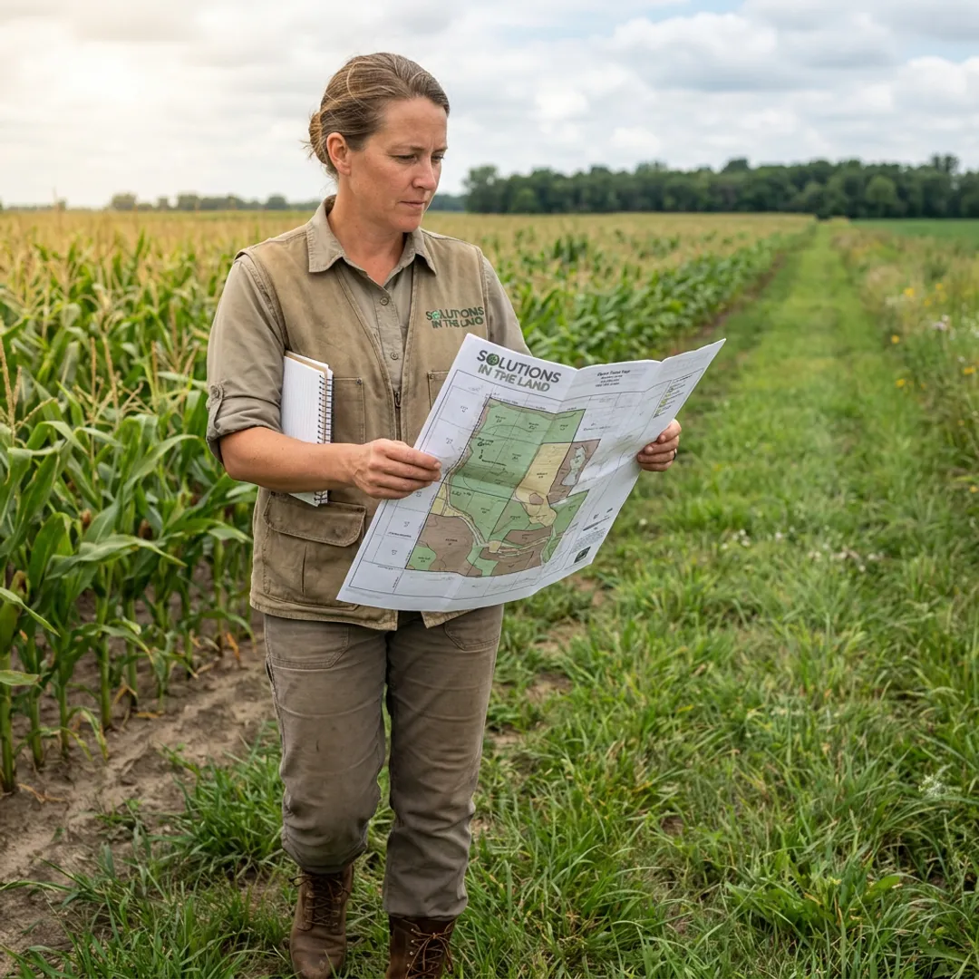 Consultant assessing farmland conditions and planning options