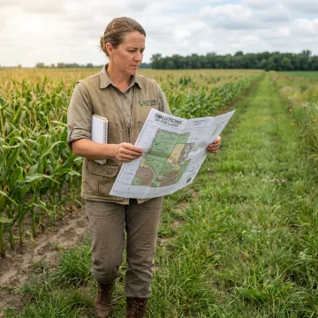 Consultant assessing farmland conditions and planning options