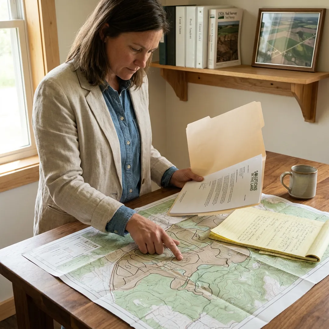 Consultant reviewing environmental site findings with maps