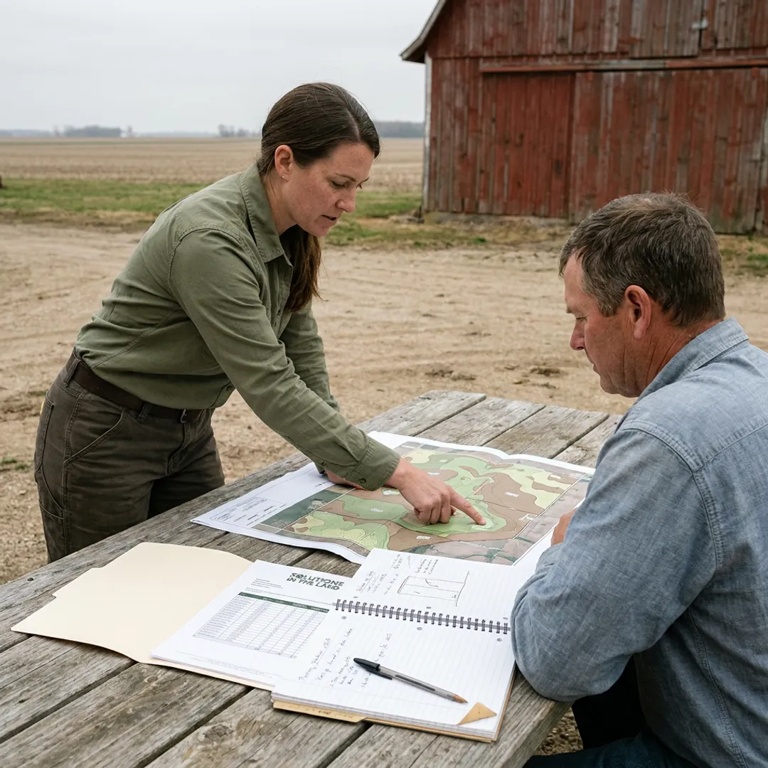 Consultant discussing land planning recommendations with a farm client