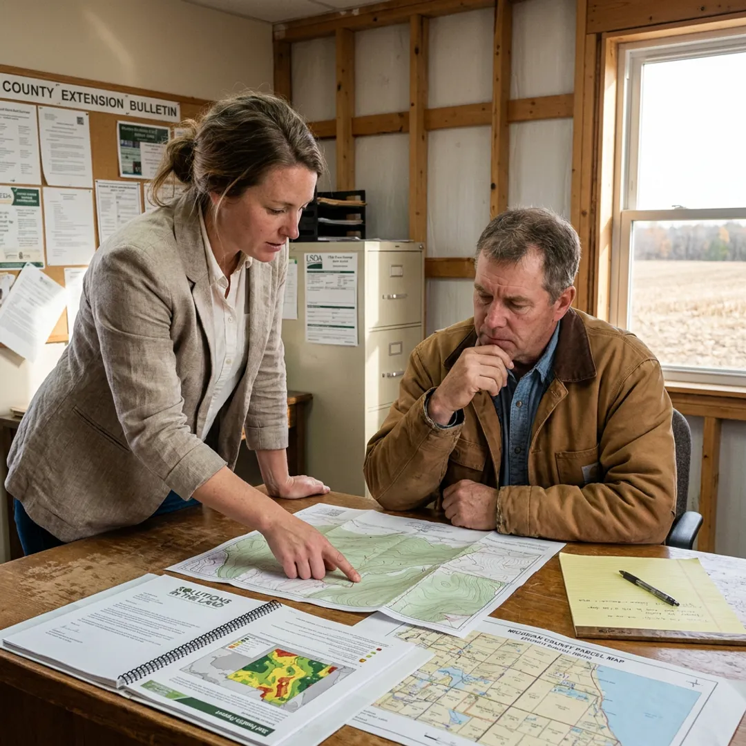 Consultant discussing land planning with farm owner