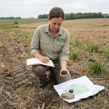 Consultant assessing environmental conditions on rural land