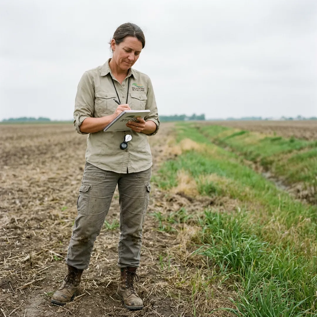 Consultant documenting environmental conditions on a farm site