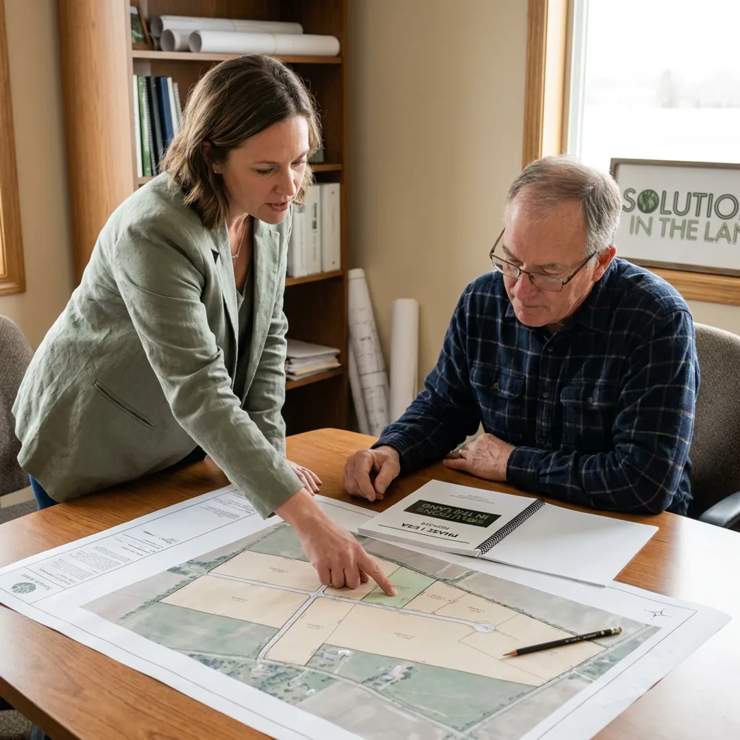 Environmental consultant discussing land assessment findings