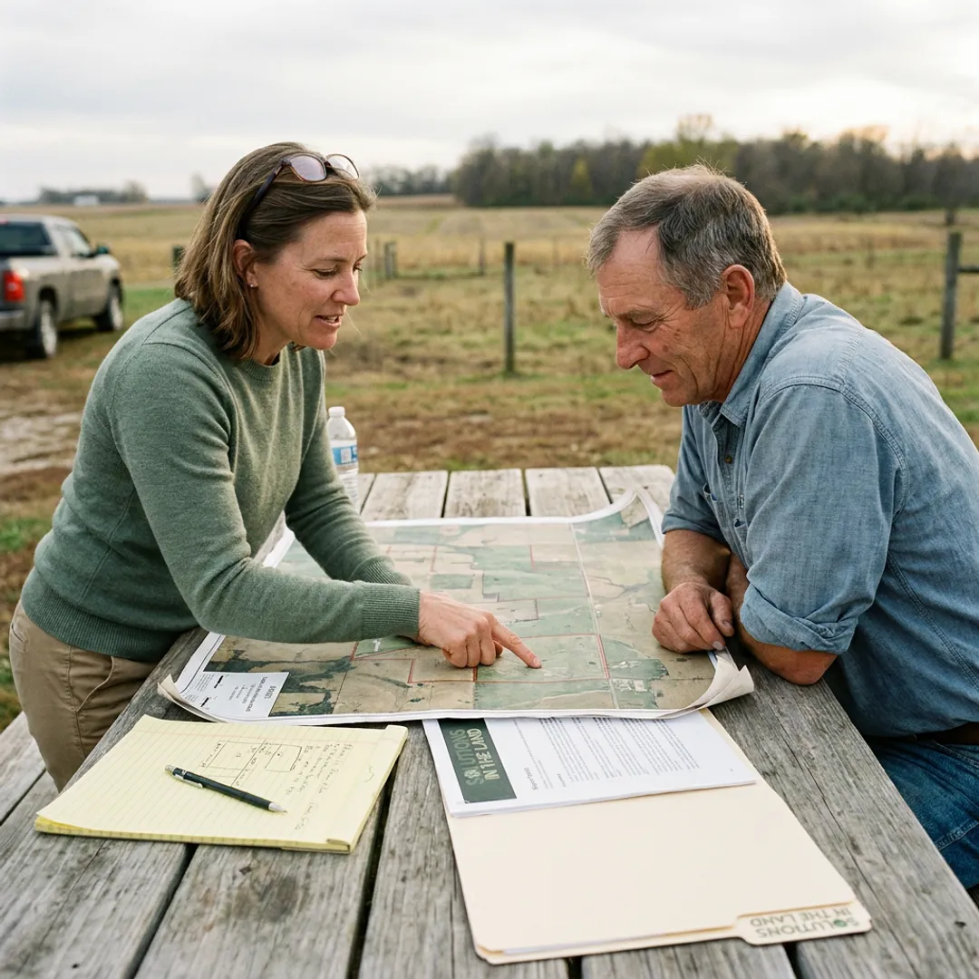 Consultant discussing environmental planning on agricultural land