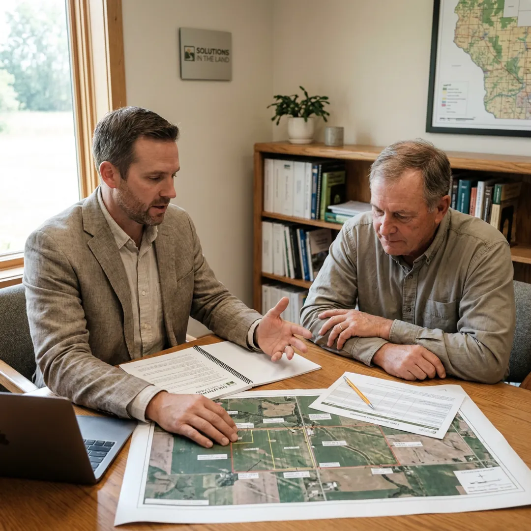 Consultant discussing farm strategy with landowner
