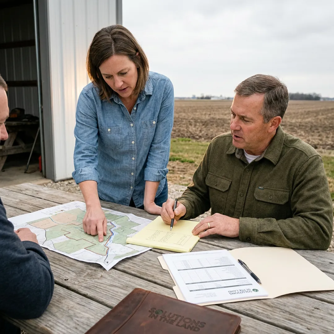 Farm planning meeting with maps and notes