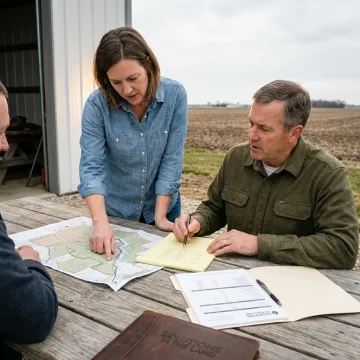 Farm planning meeting with maps and notes