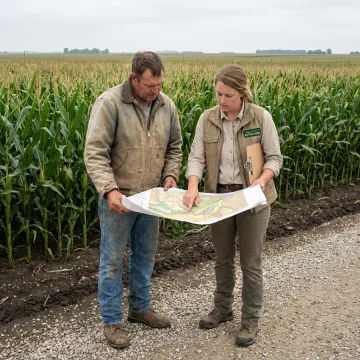 Iowa farmer reviewing sustainable land management plans