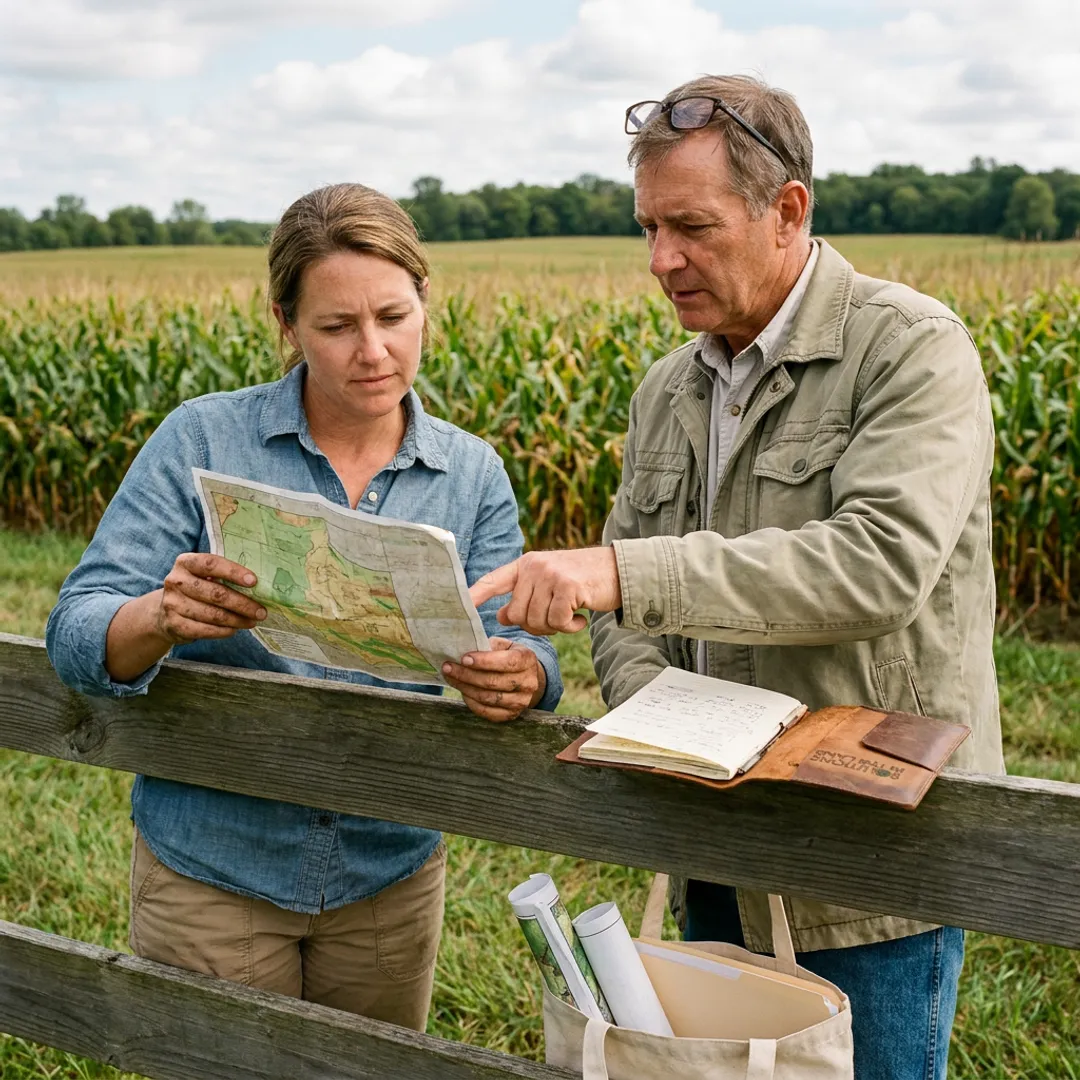 Consultant and farmer discussing land stewardship strategy