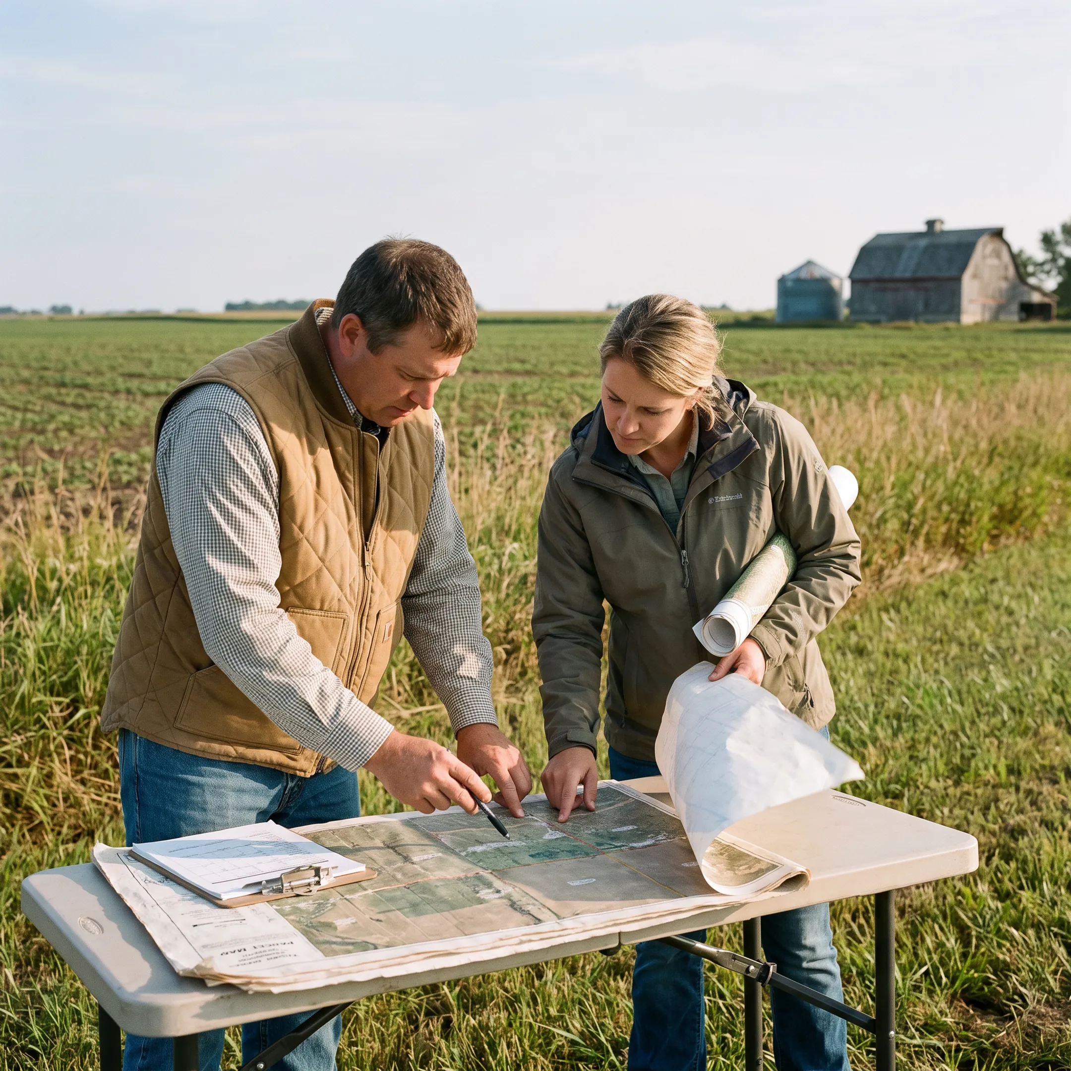Agricultural consultants reviewing a farm plan beside productive fields