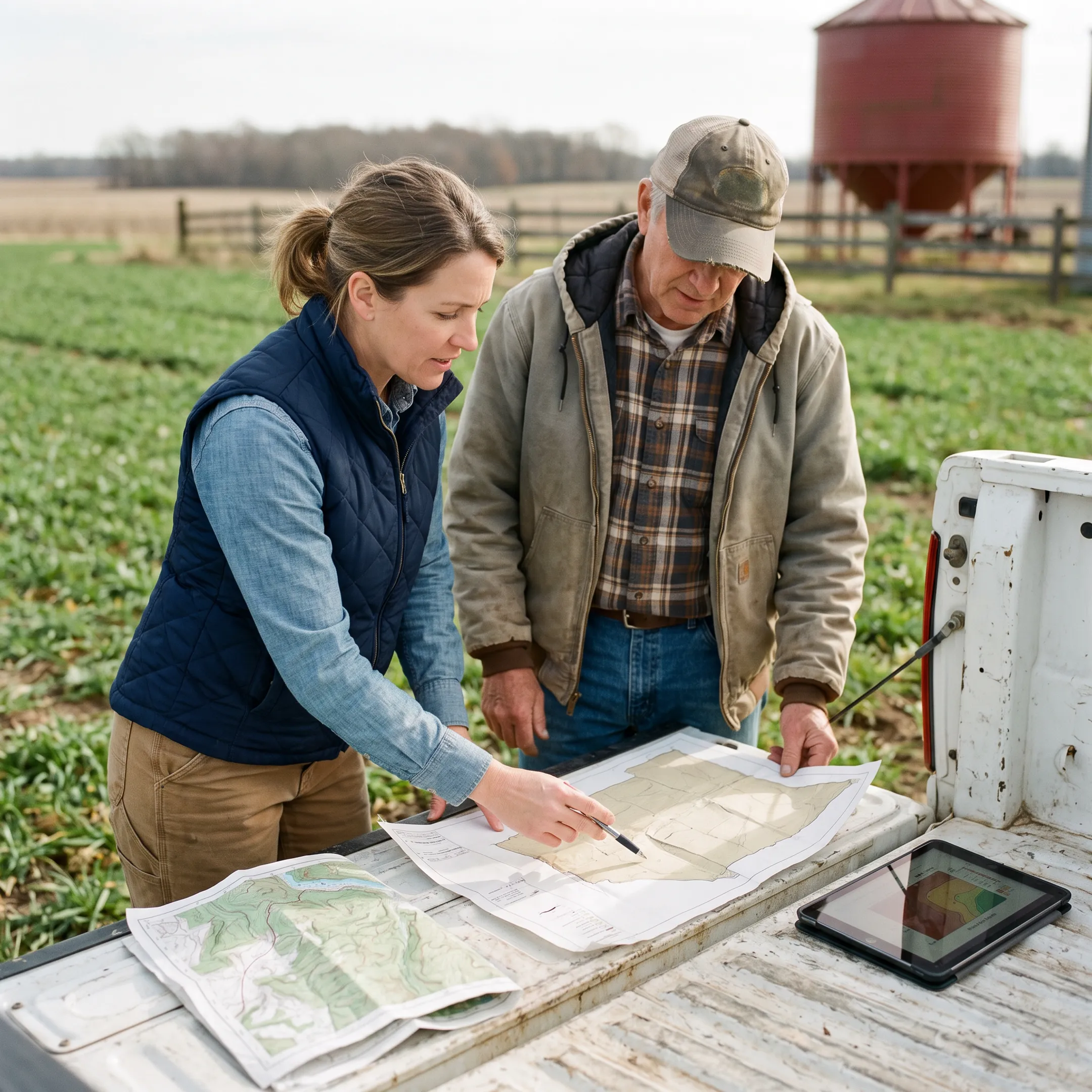 Farm consultant discussing sustainable agriculture plans with a landowner
