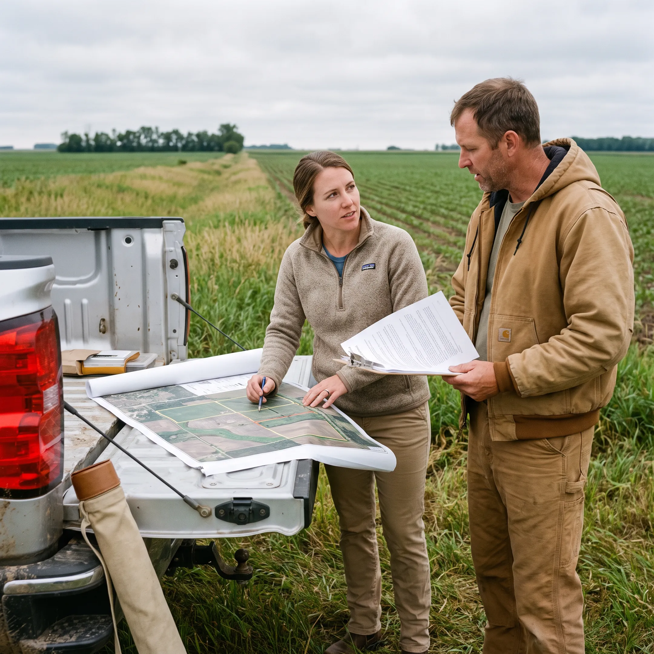 Consultants reviewing a sustainable farm plan beside agricultural fields