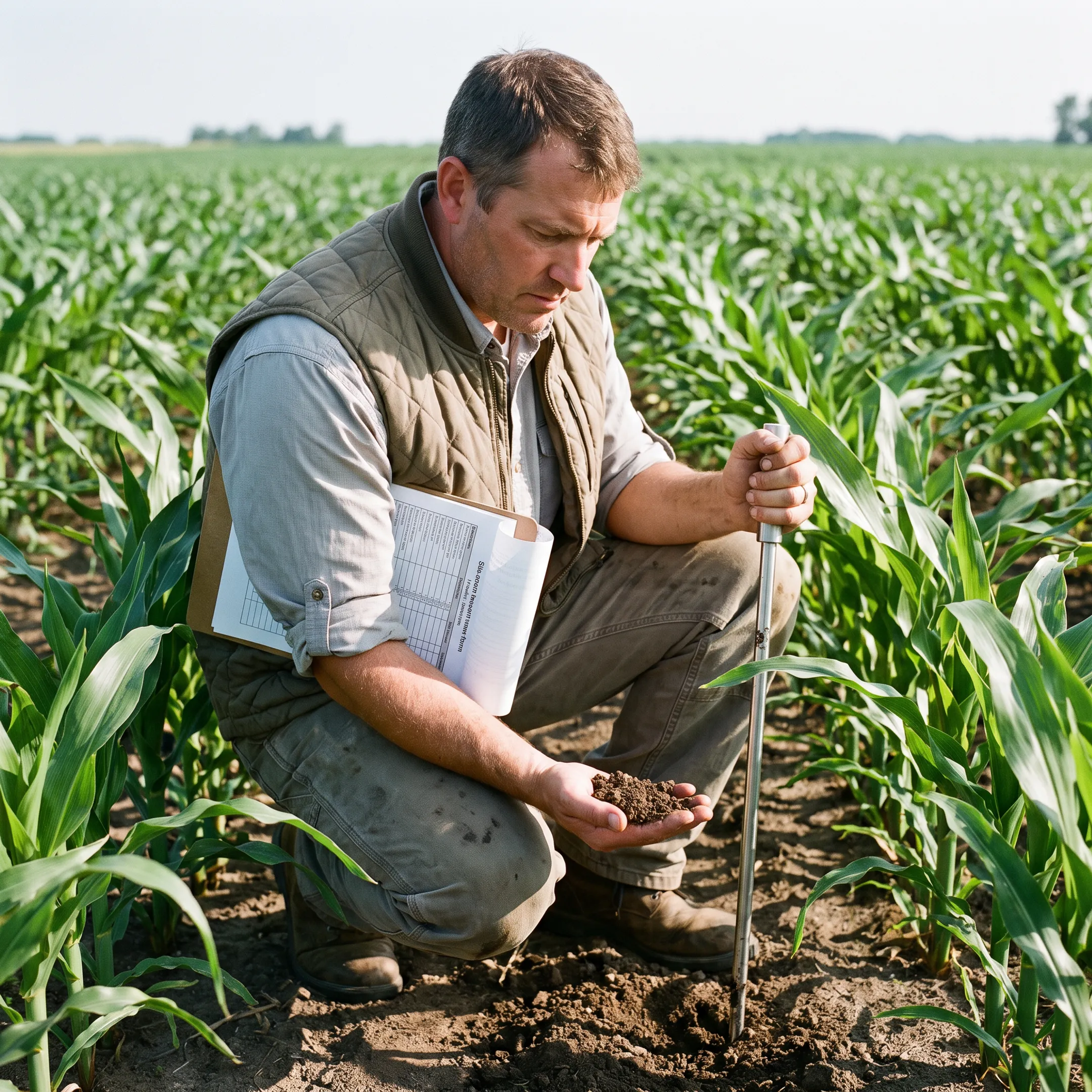 Agriculture consultant examining crops and soil in a farm field