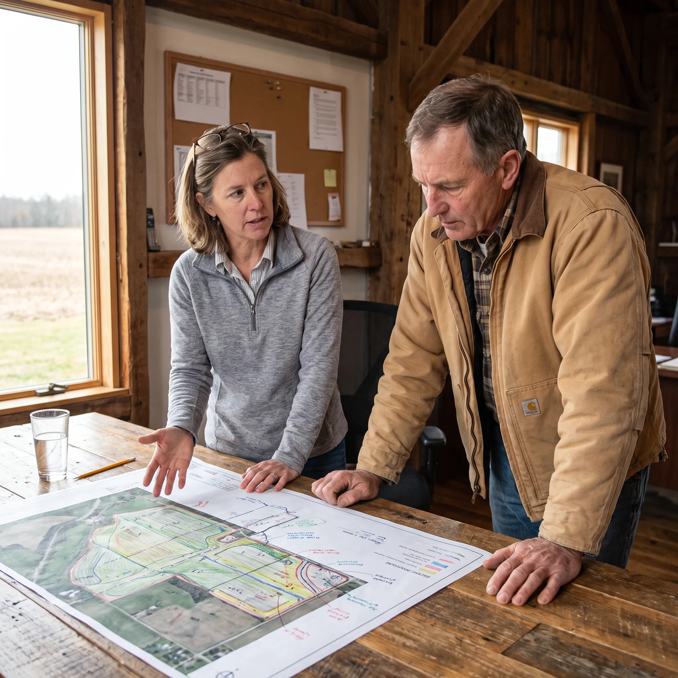 Agricultural consultant explaining farmland lease rent options beside a field map