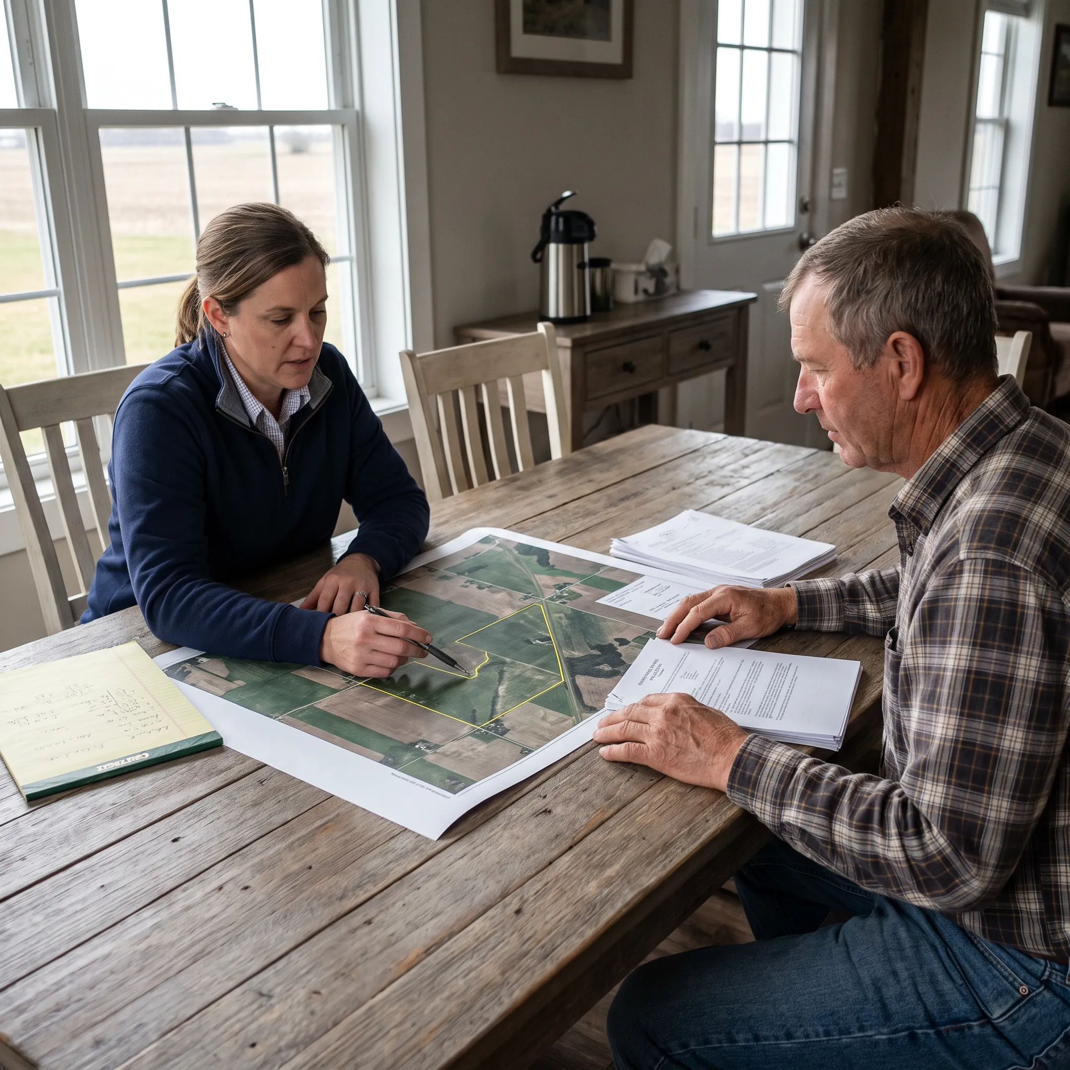 Advisor reviewing farmland lease calculations with landowner at a rural planning table