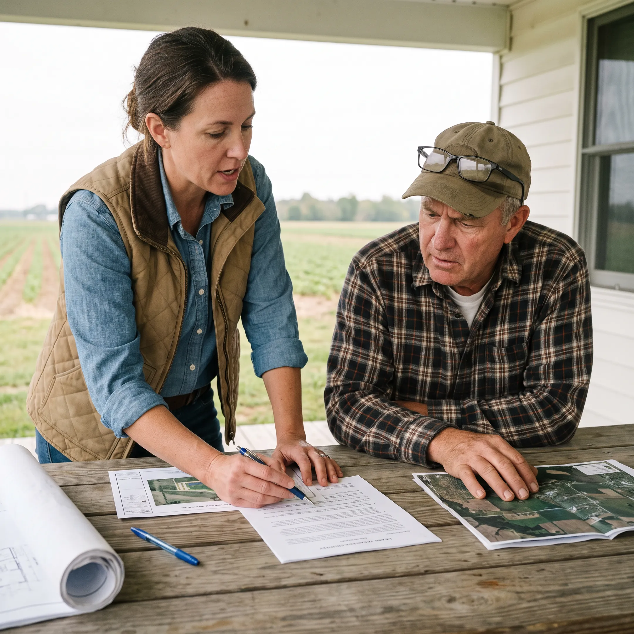 Consultant discussing solar development options over farmland plans