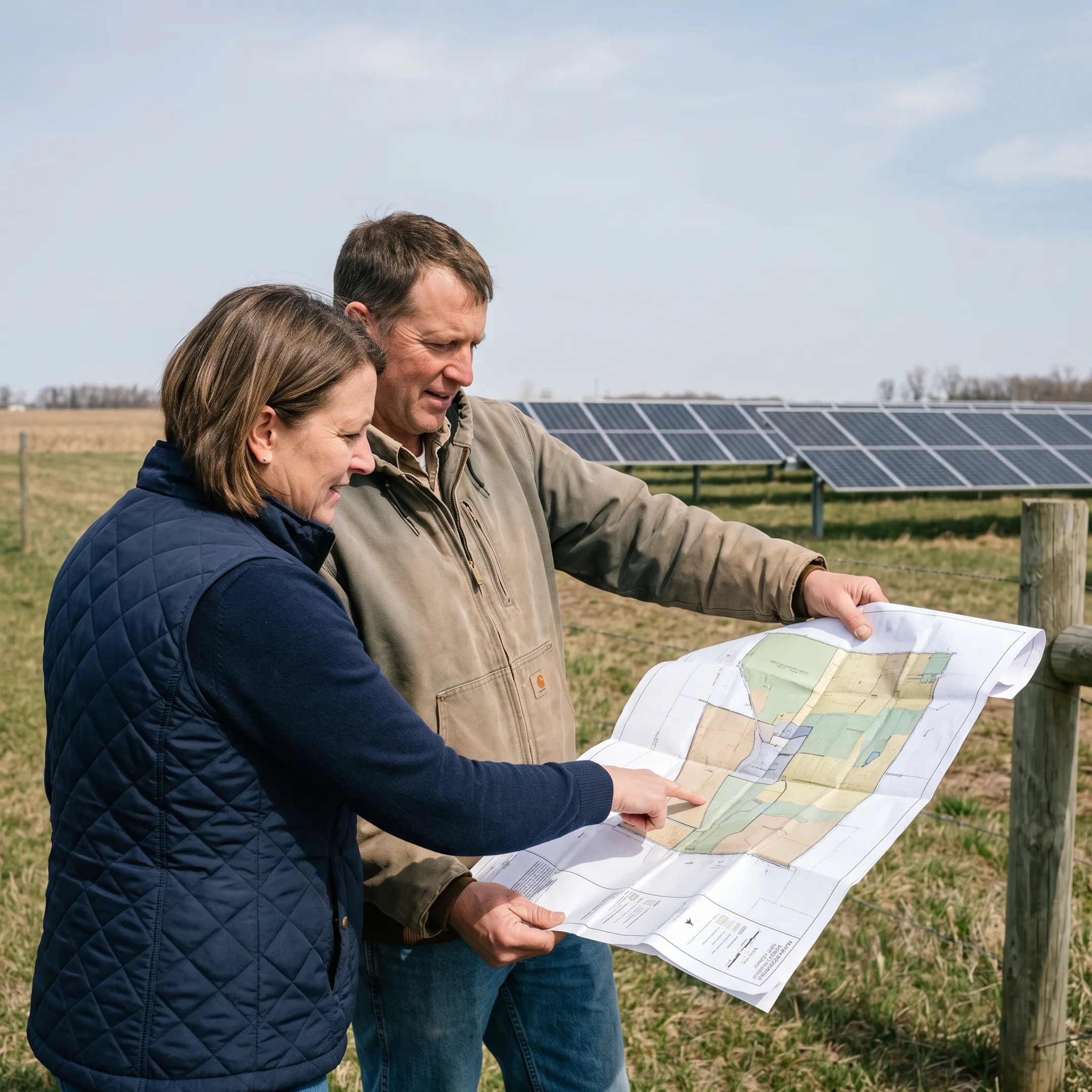 Consultant reviewing a solar farm lease map with a farmland owner