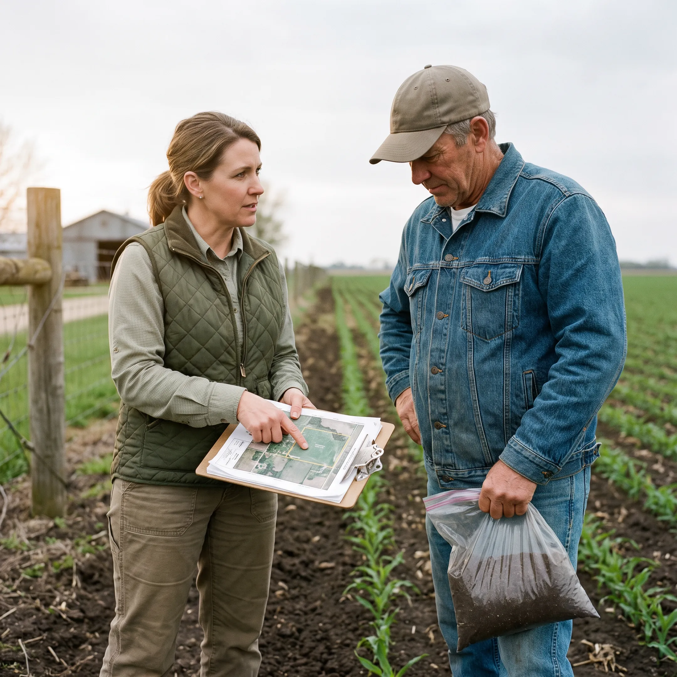 Consultant reviewing an organic farm plan with farmers beside cultivated fields