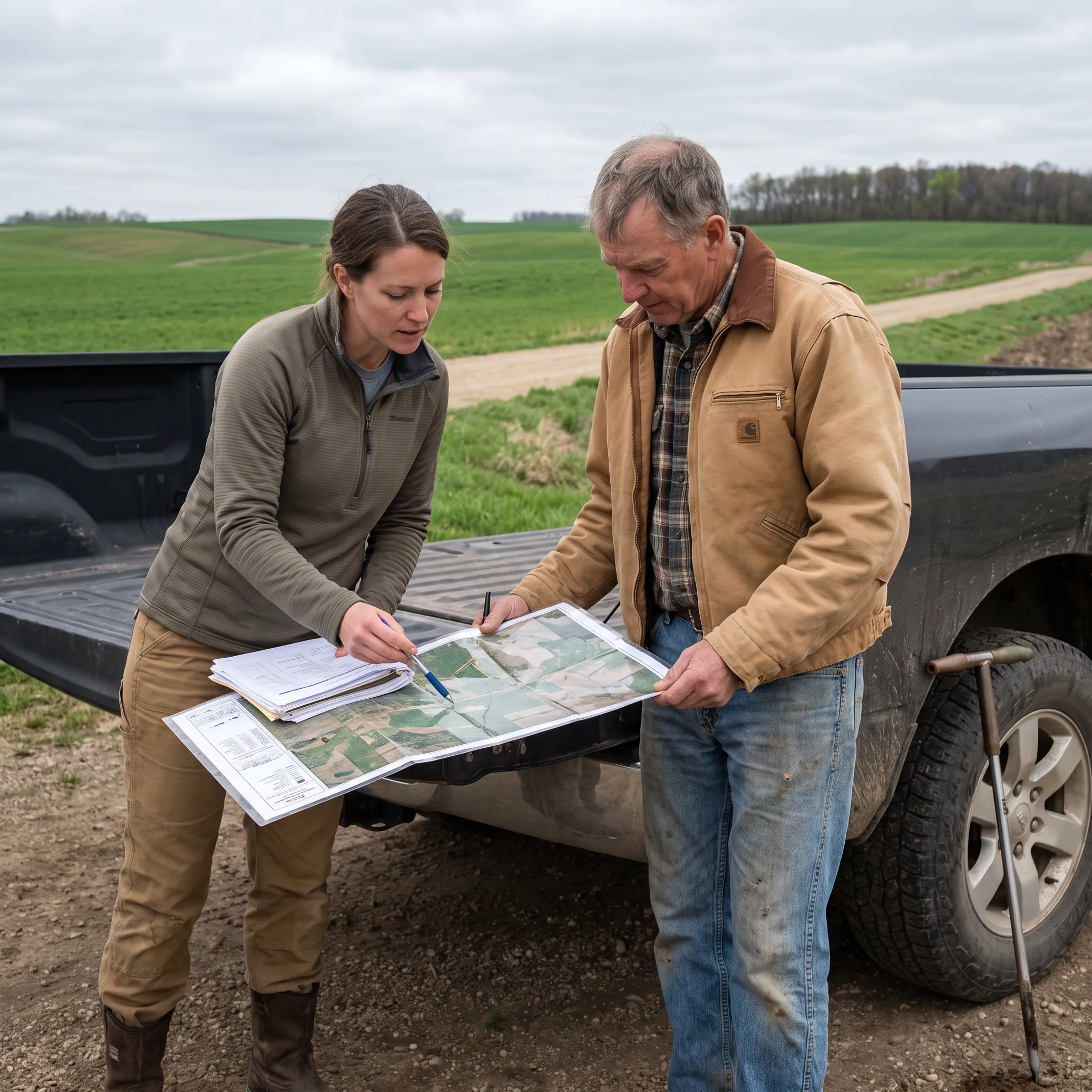 Agronomist discussing soil health and organic farming strategy with a landowner