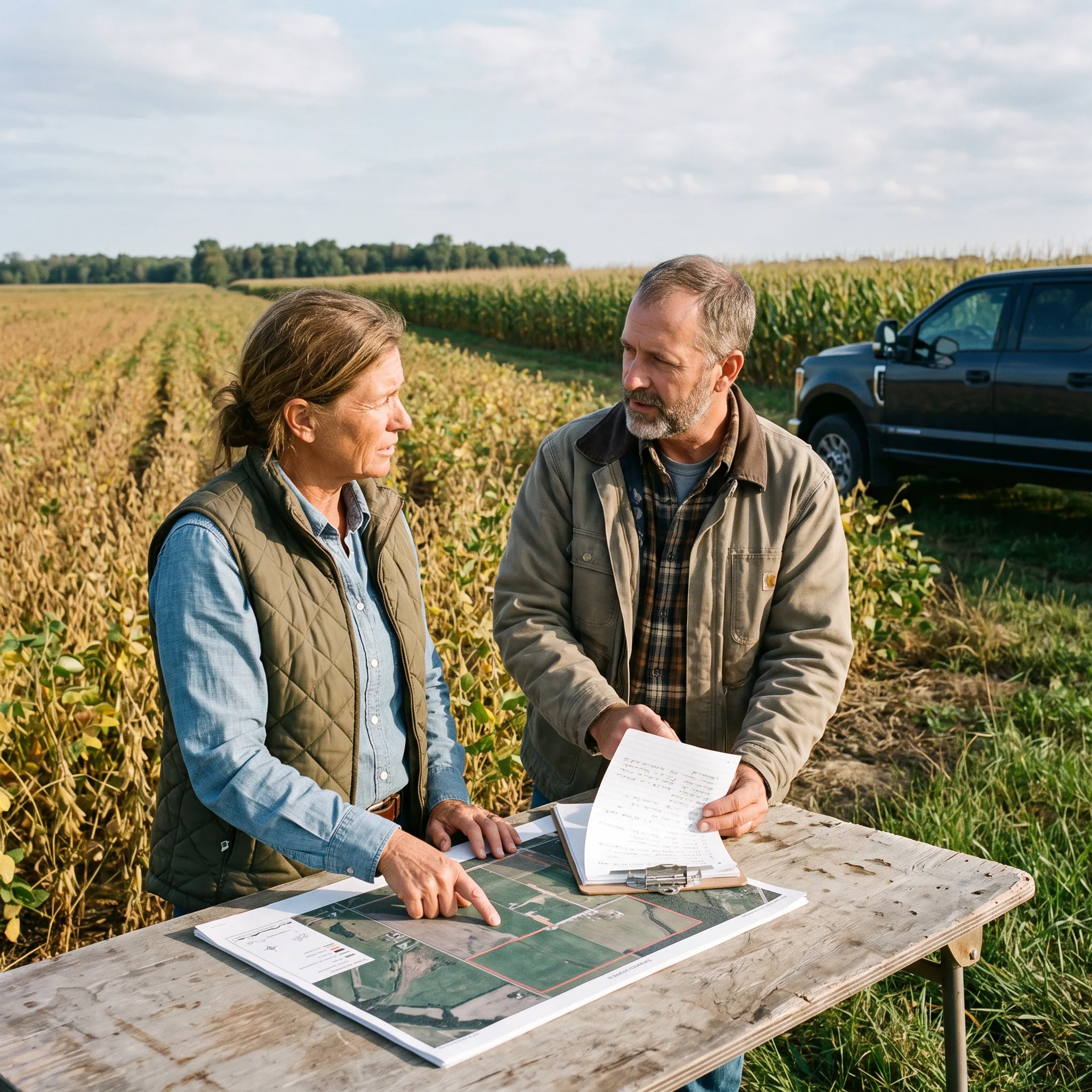 Consultants reviewing a sustainable farmland plan beside cultivated fields