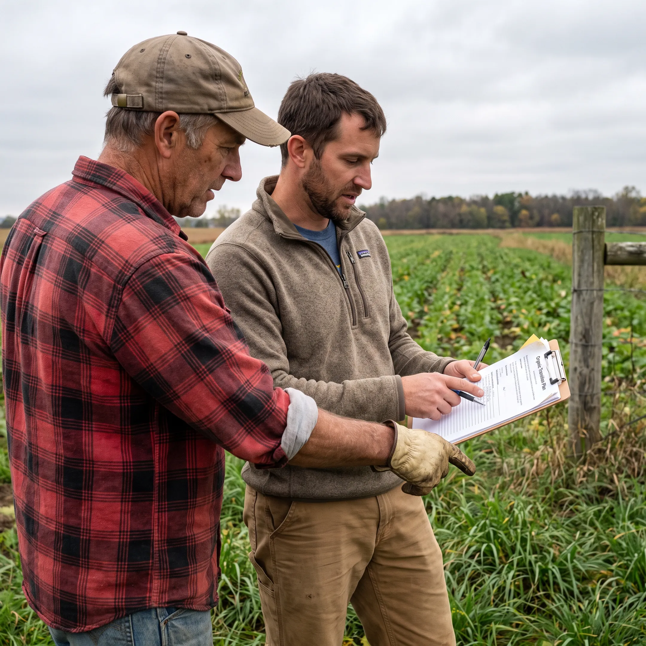 Farmer reviewing an organic transition plan beside cultivated fields