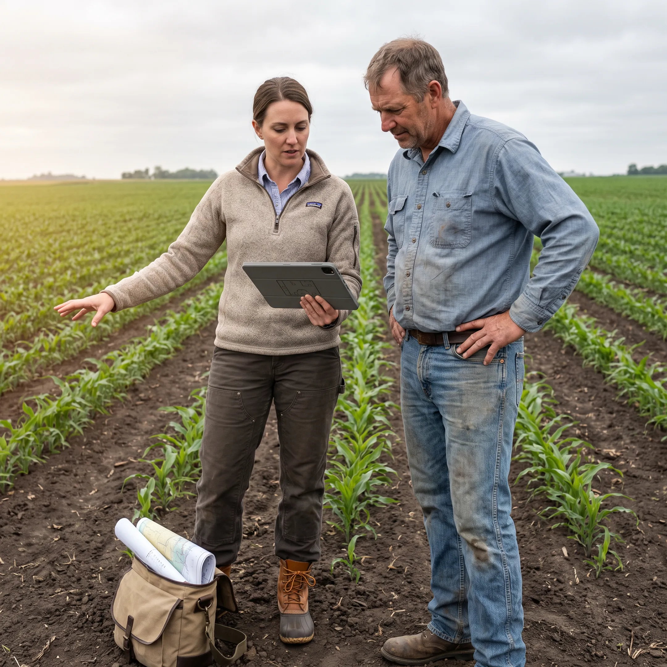 Consultant and farmer discussing organic farming practices in a field