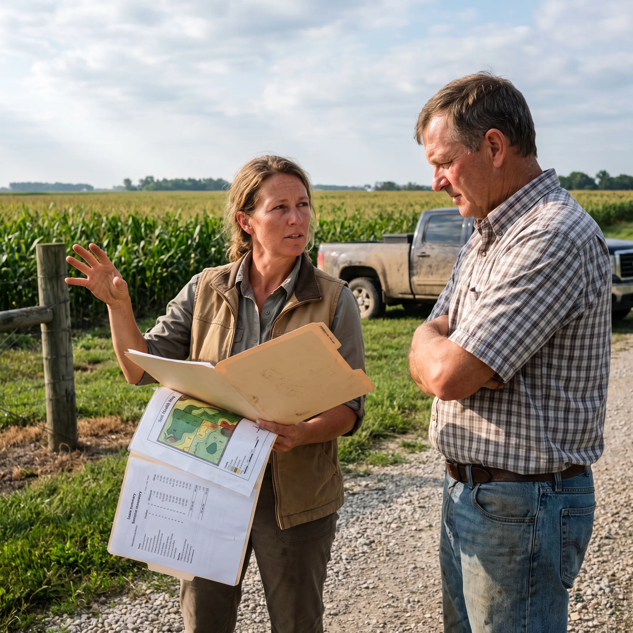Consultant and farm owner discussing regenerative agriculture plans near Iowa cropland