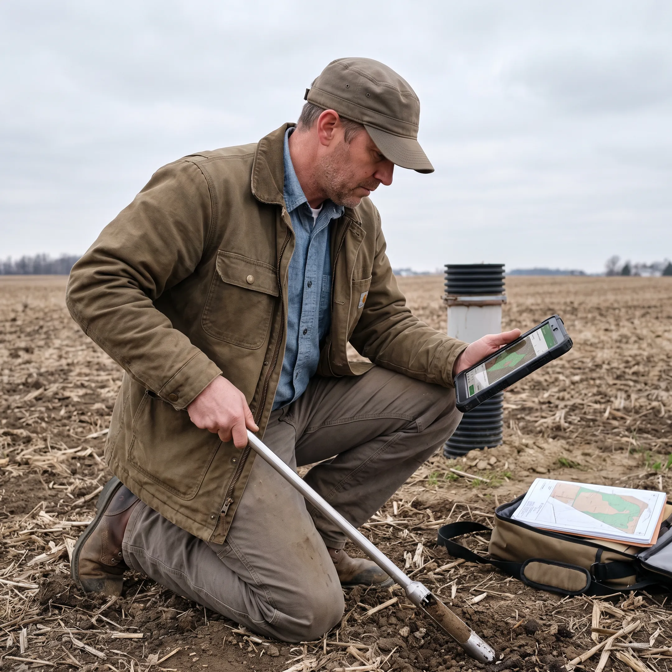 Environmental consultant documenting conditions on a working farm