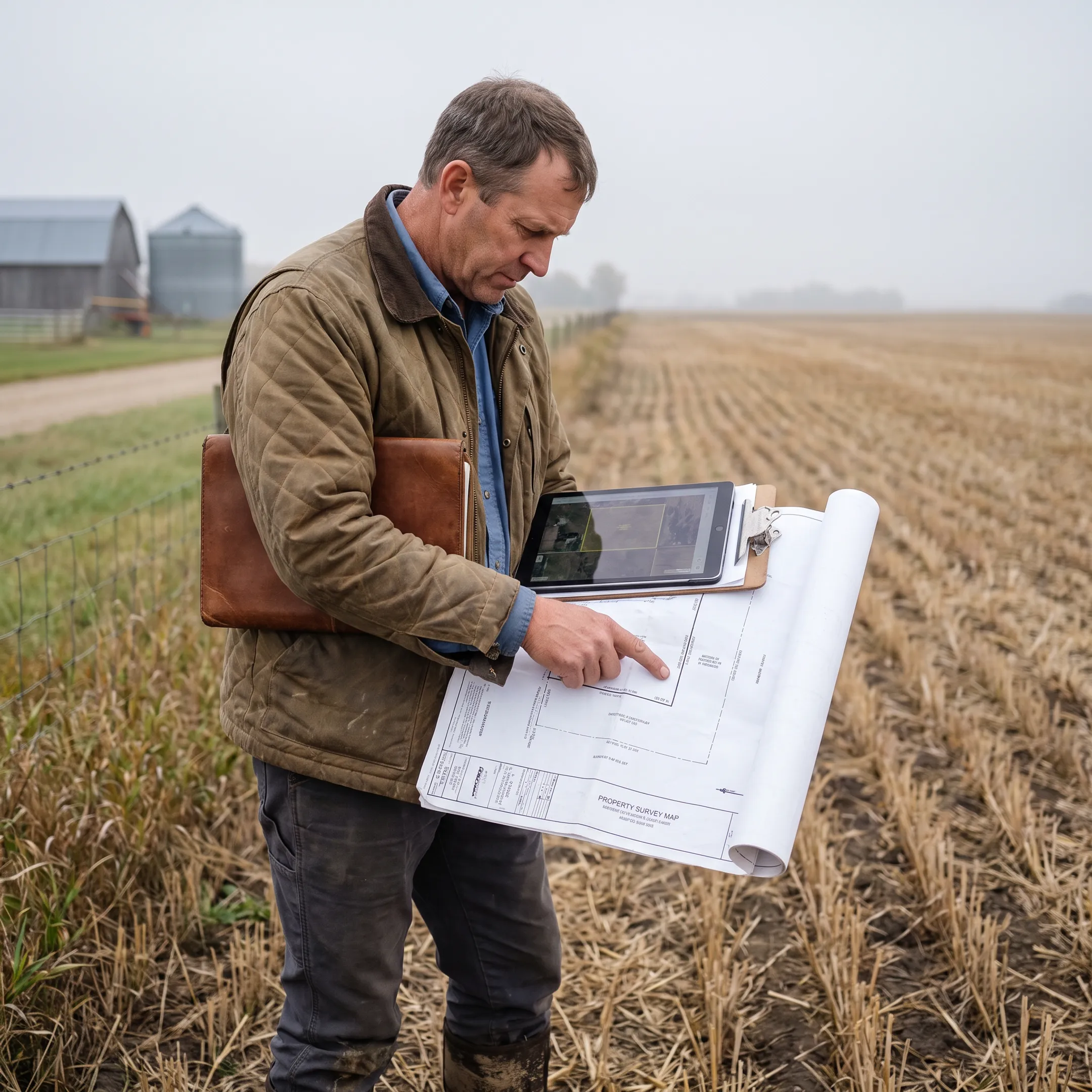 Consultant reviewing environmental site documents and land conditions for a property transaction