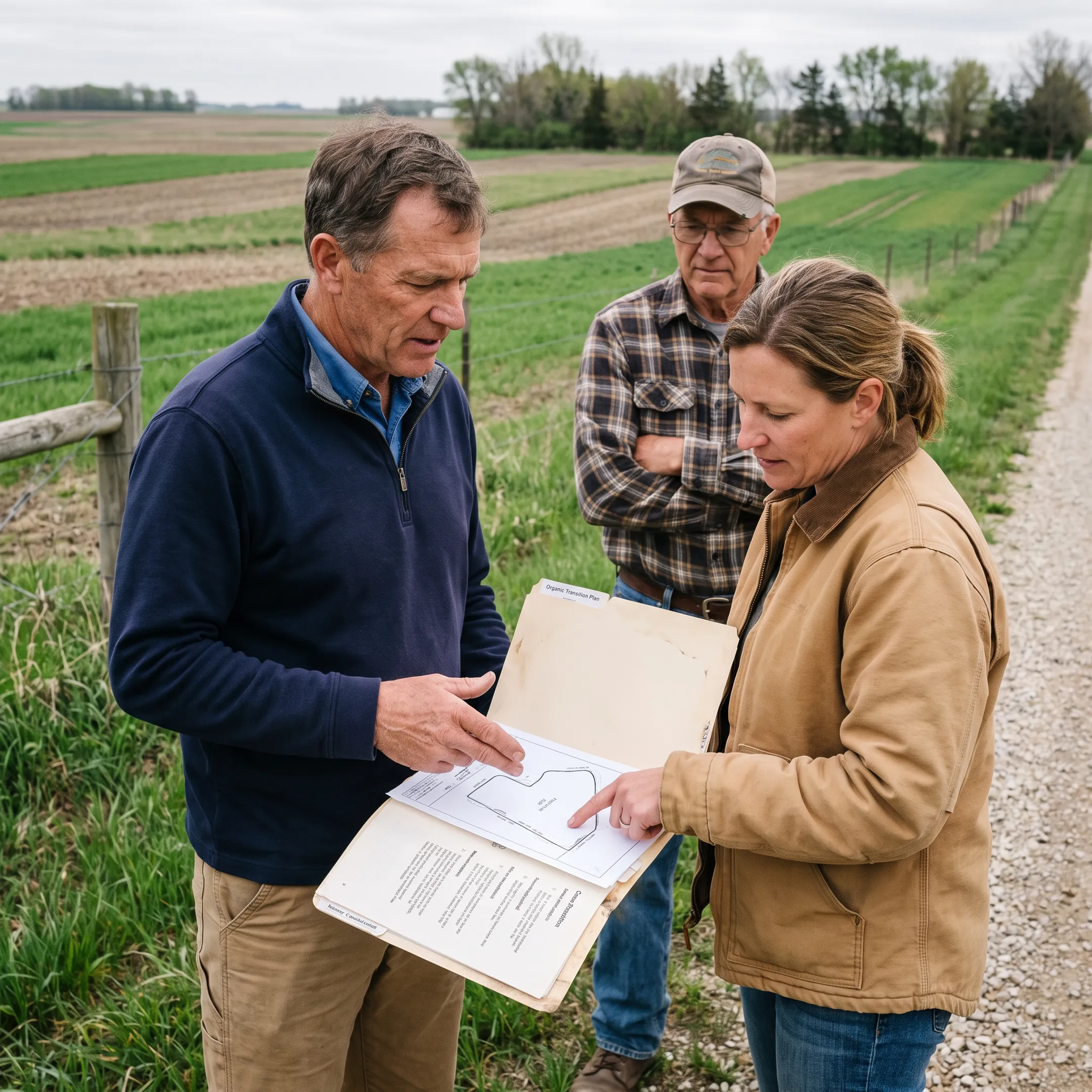 Agronomist reviewing an organic transition plan with farmers beside a working field