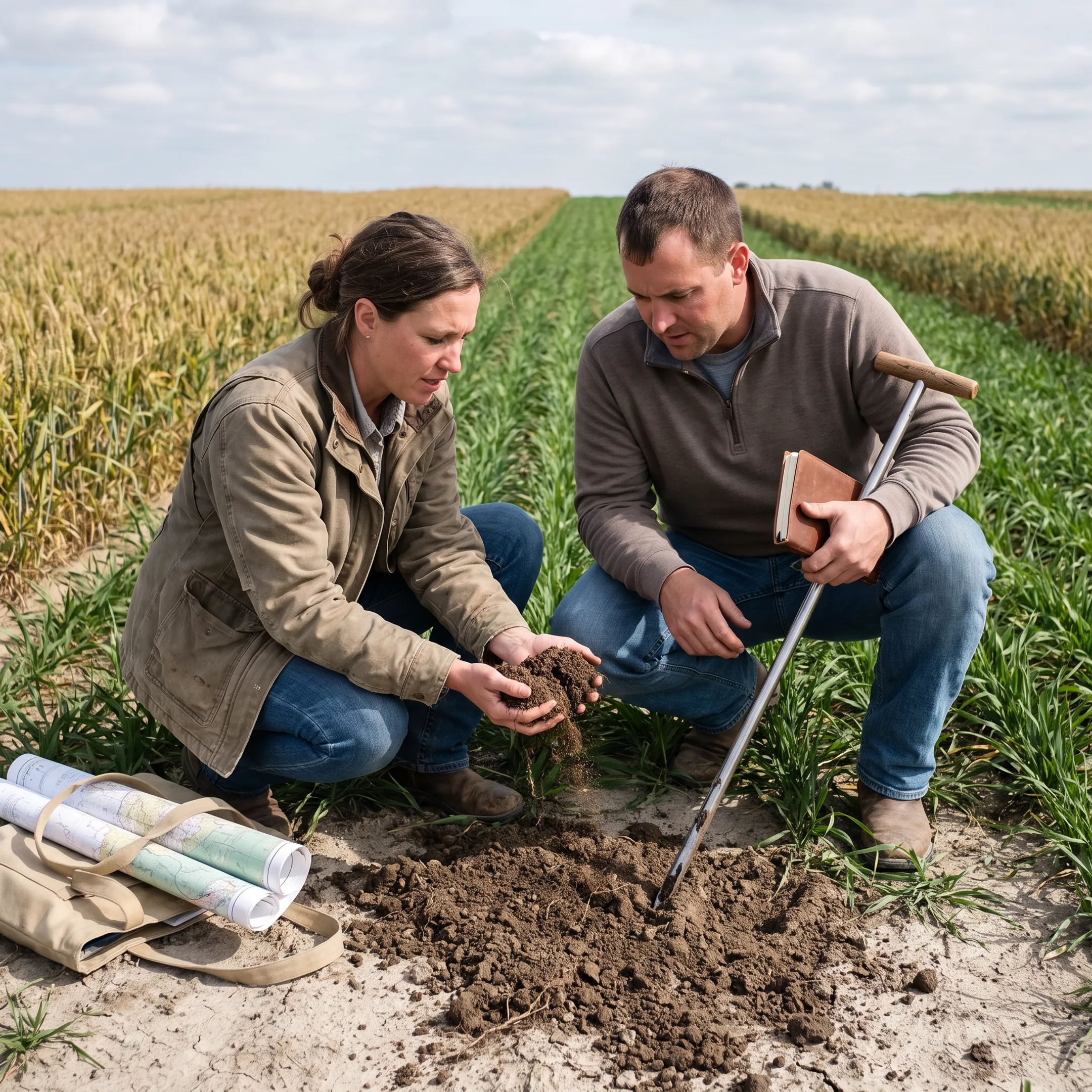 Consultants assessing soil and crops during an organic farm transition