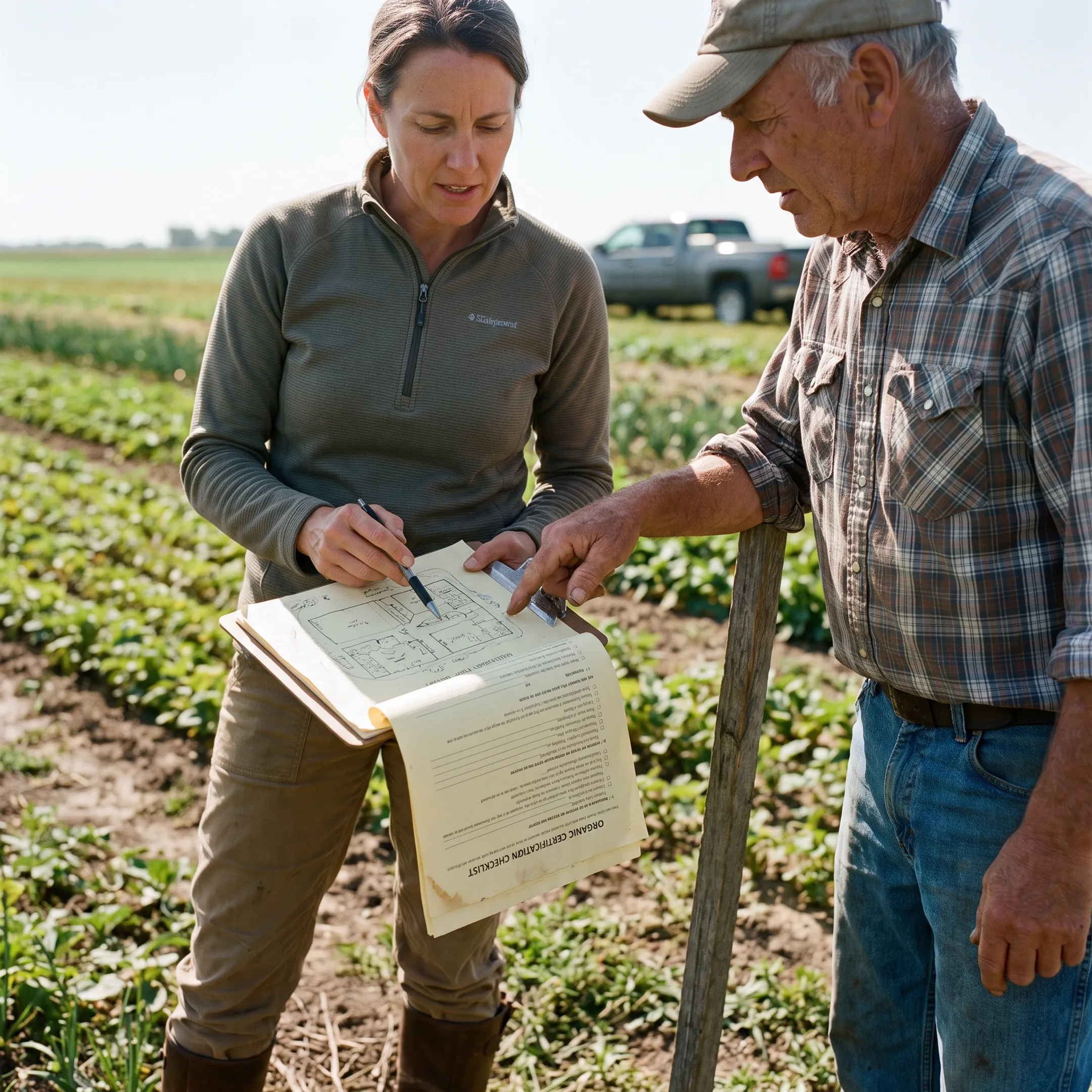 Advisor reviewing organic certification plans with a farmer at a sustainable farm