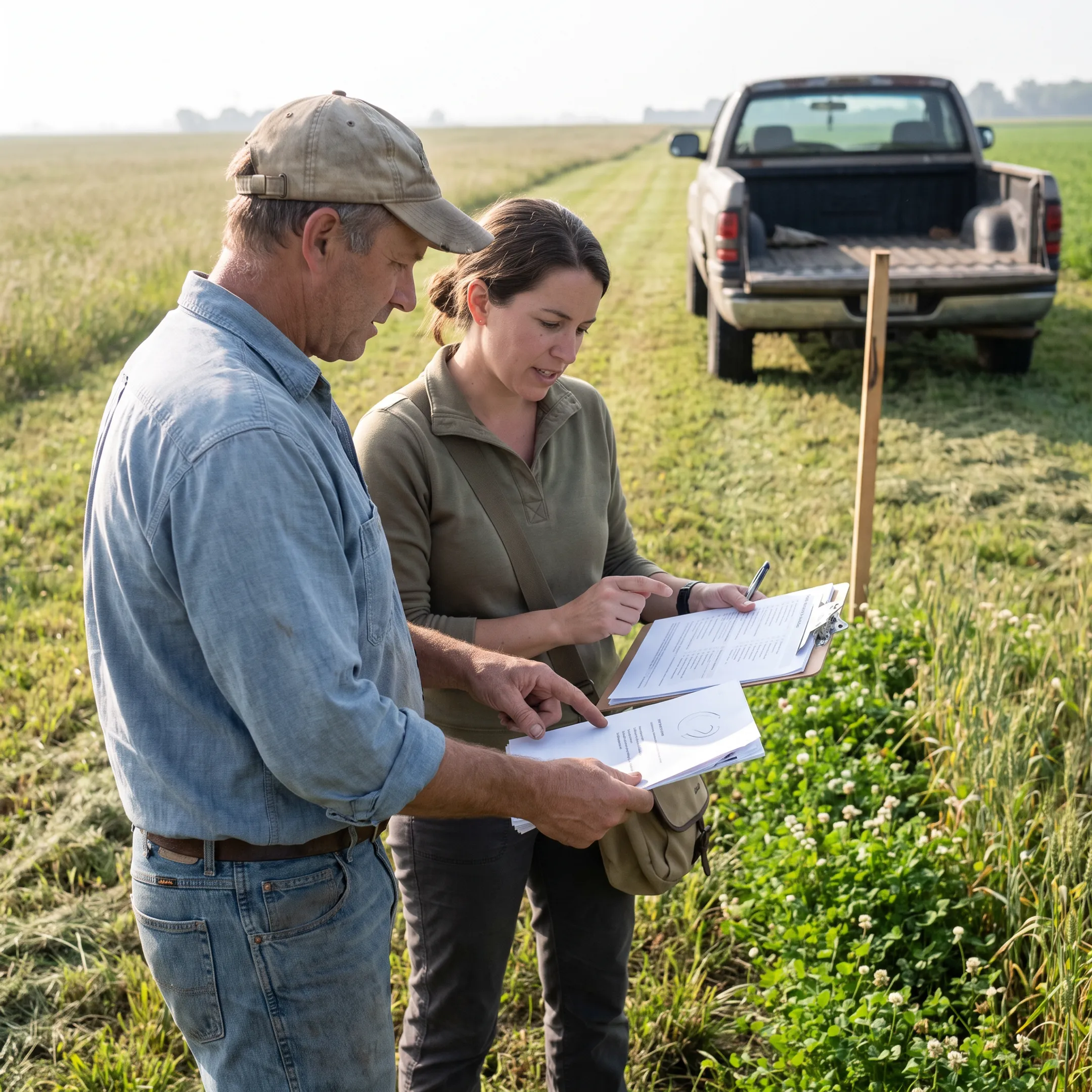 Farmer and agricultural consultant discussing organic transition records in a field