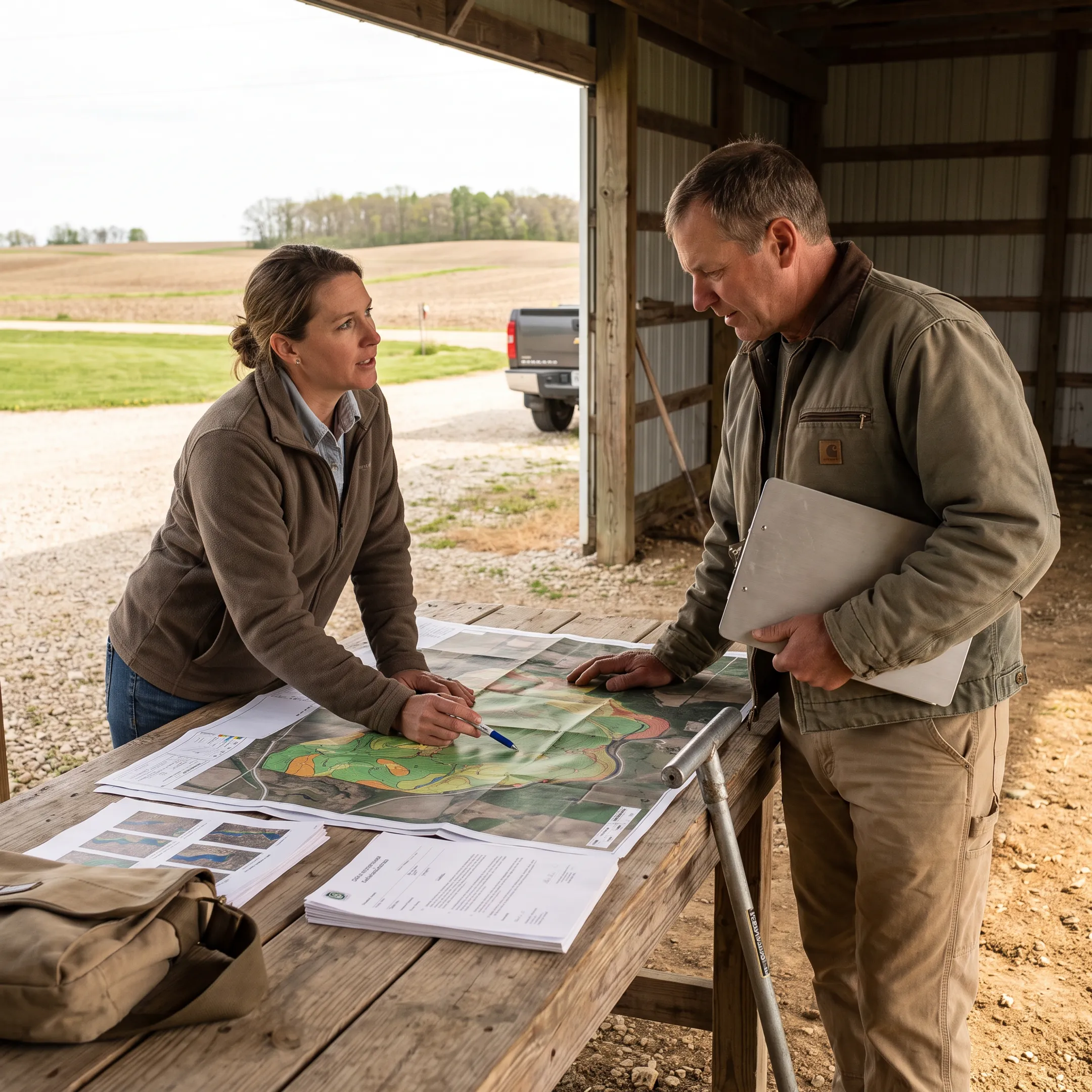 Farm planning team reviewing conservation maps and agricultural field conditions