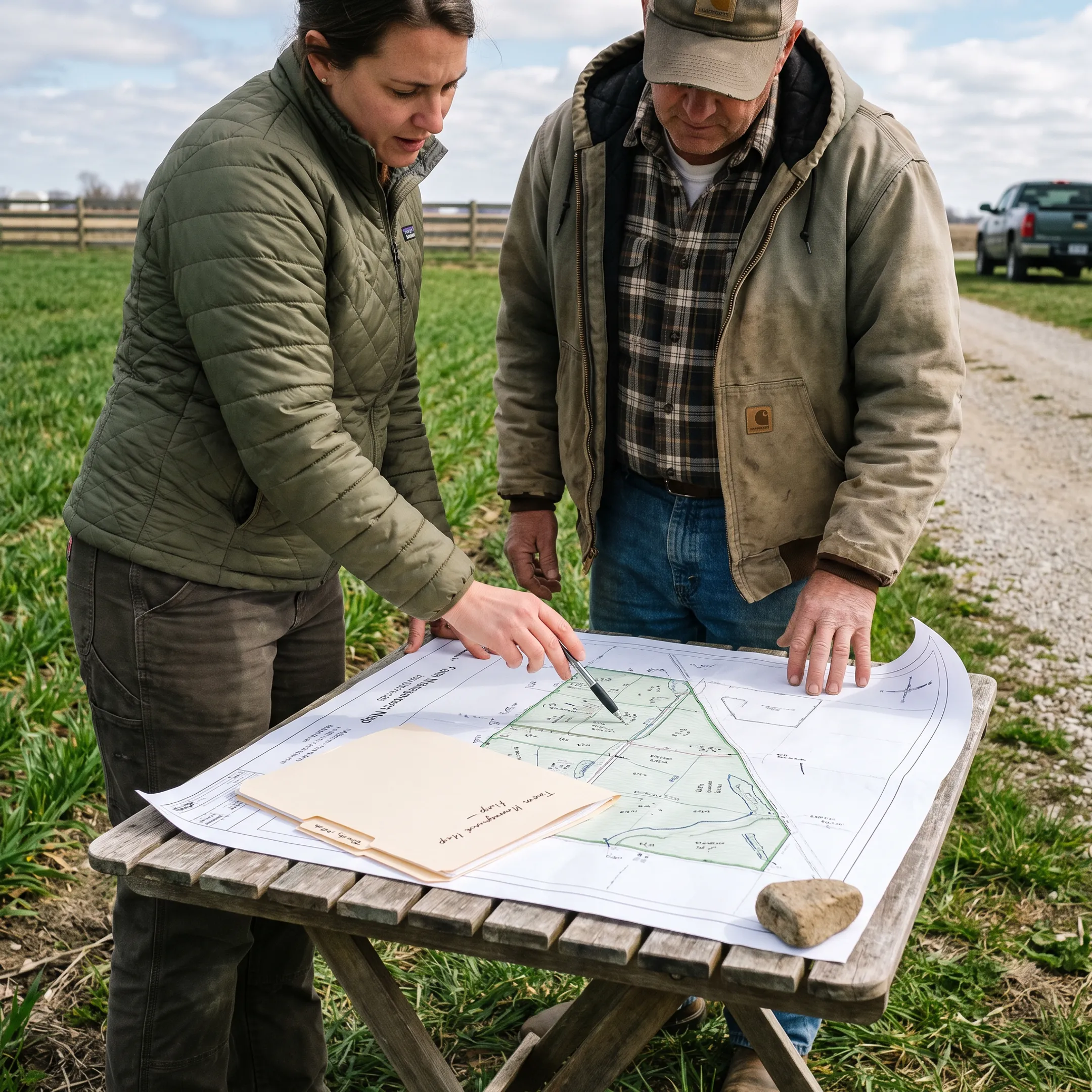 Landowner and agricultural advisor discussing sustainable farm management options