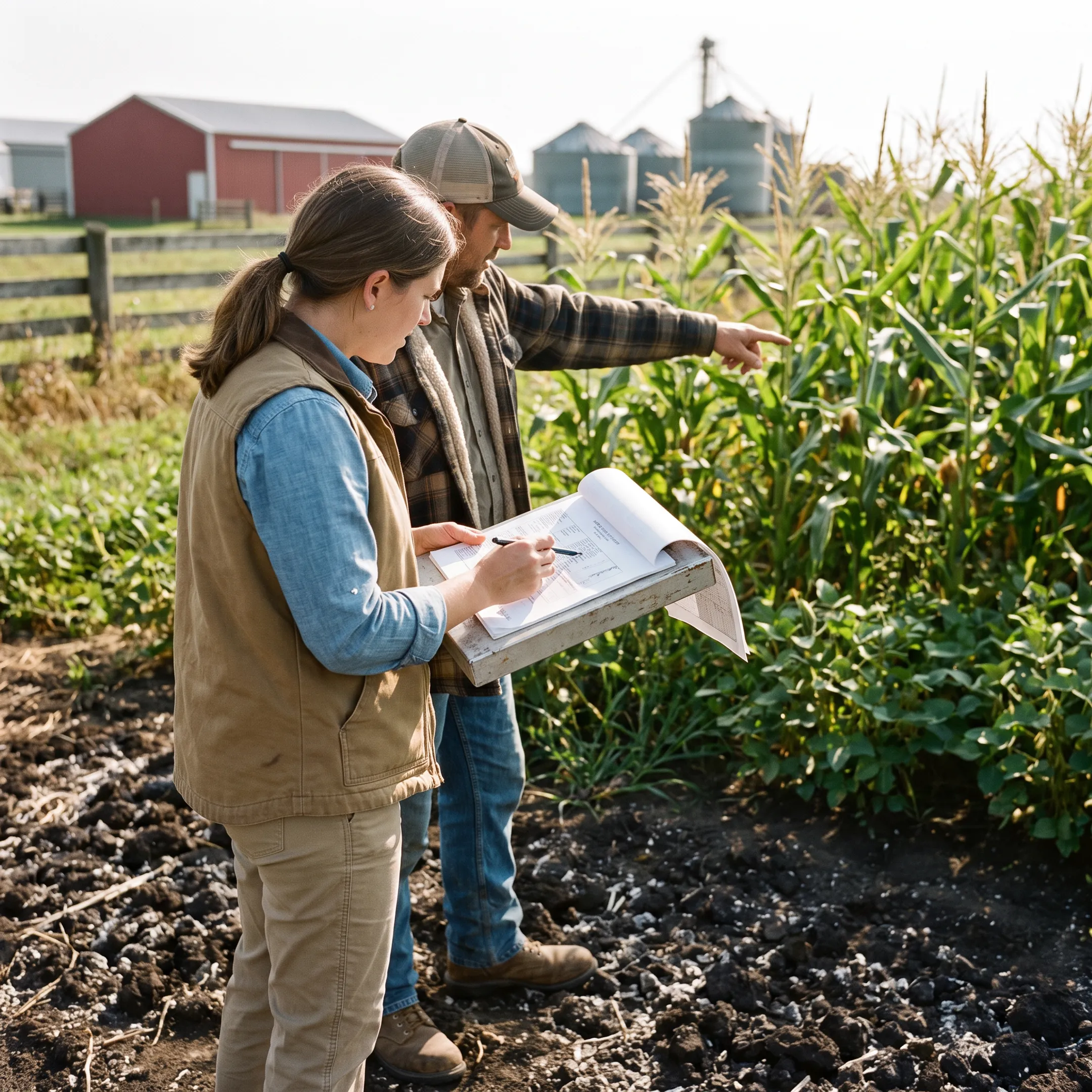 Consultants reviewing regenerative farm plans beside healthy agricultural fields