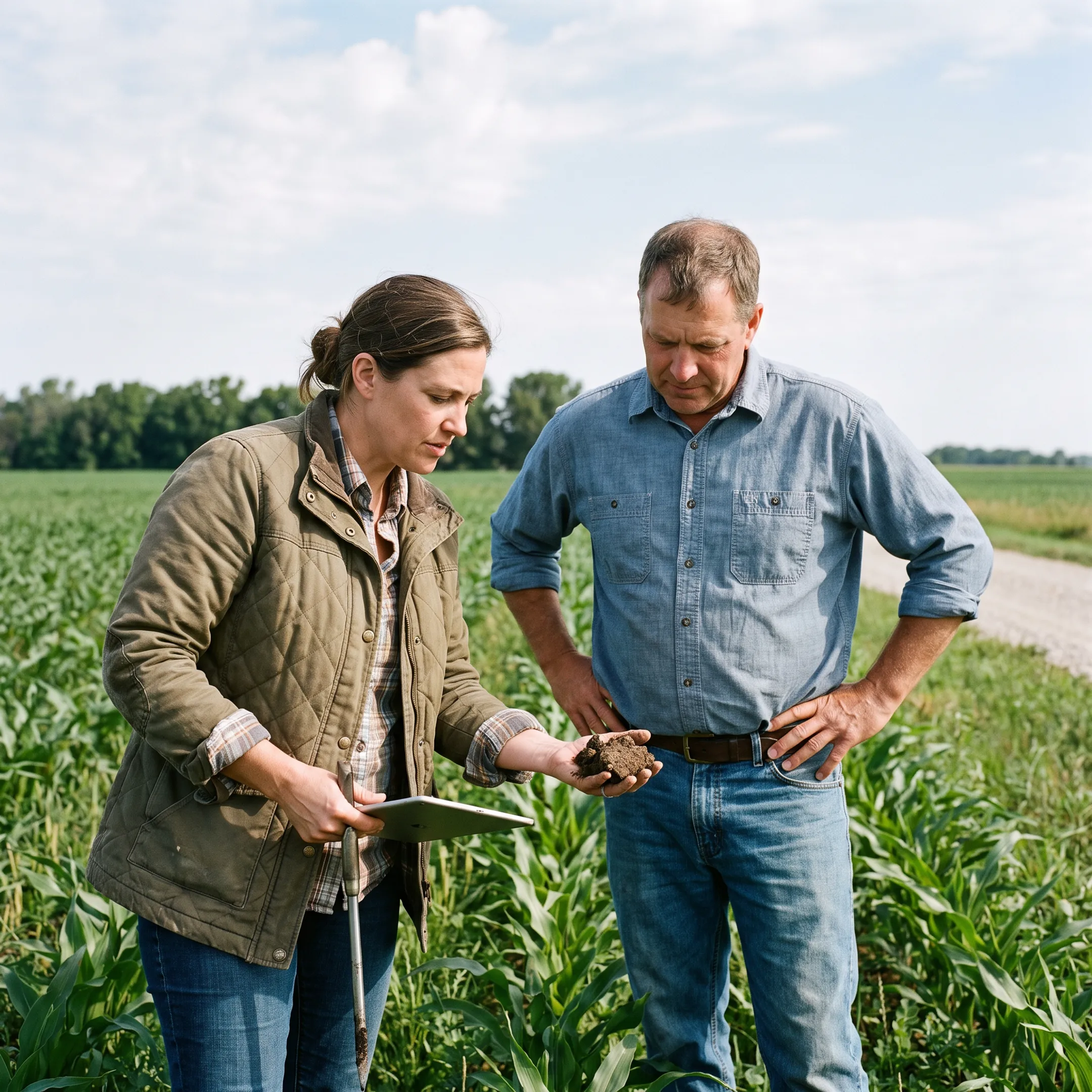 Farmer and agricultural consultant discussing soil and crop planning