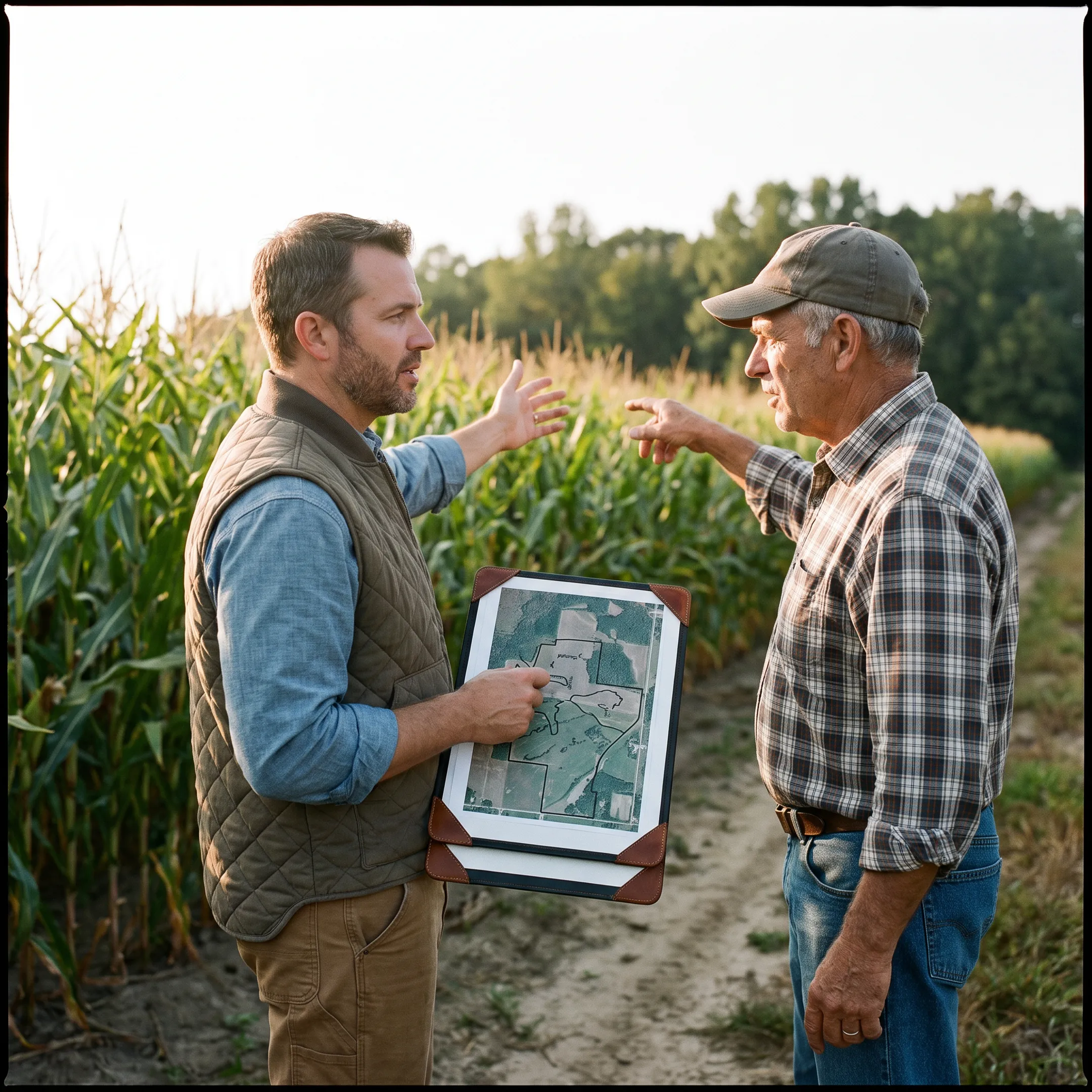 Agricultural consultant discussing regenerative farm planning beside productive fields