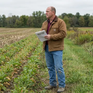 Environmental consultant reviewing farmland in Michigan