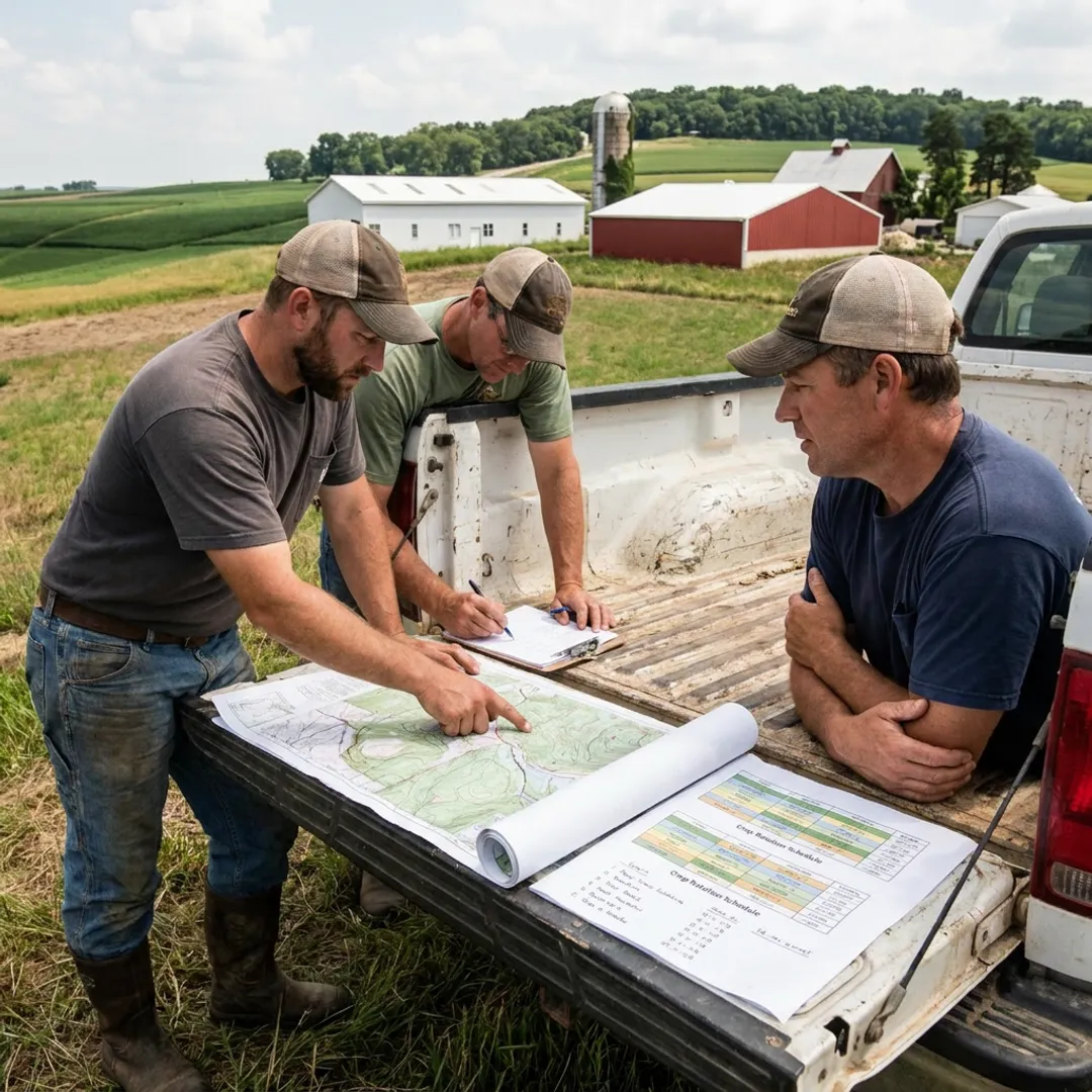 Consultants reviewing diversified farm plans and field operations