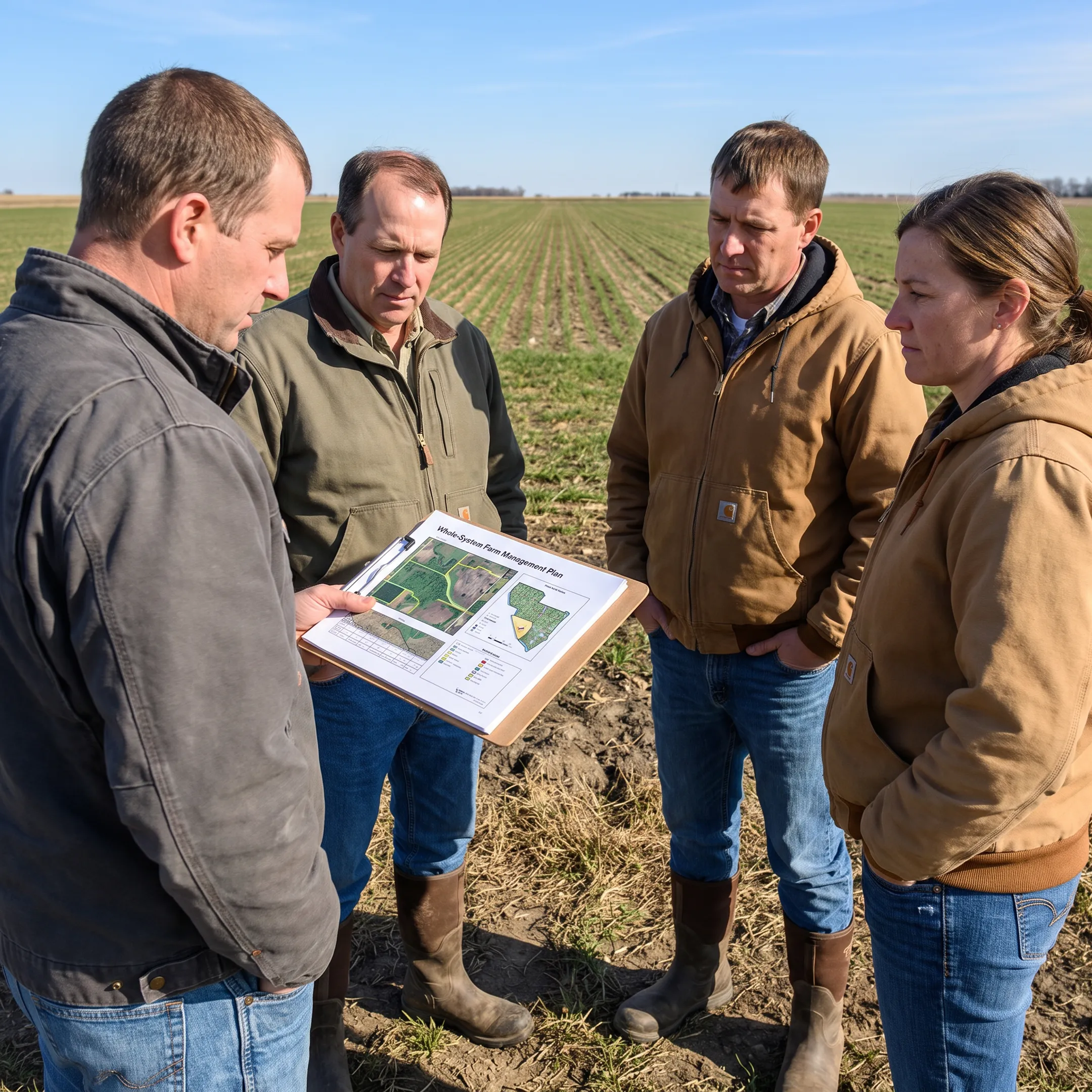 Agricultural consultant reviewing Iowa farmland management plans with a farmer beside cultivated fields
