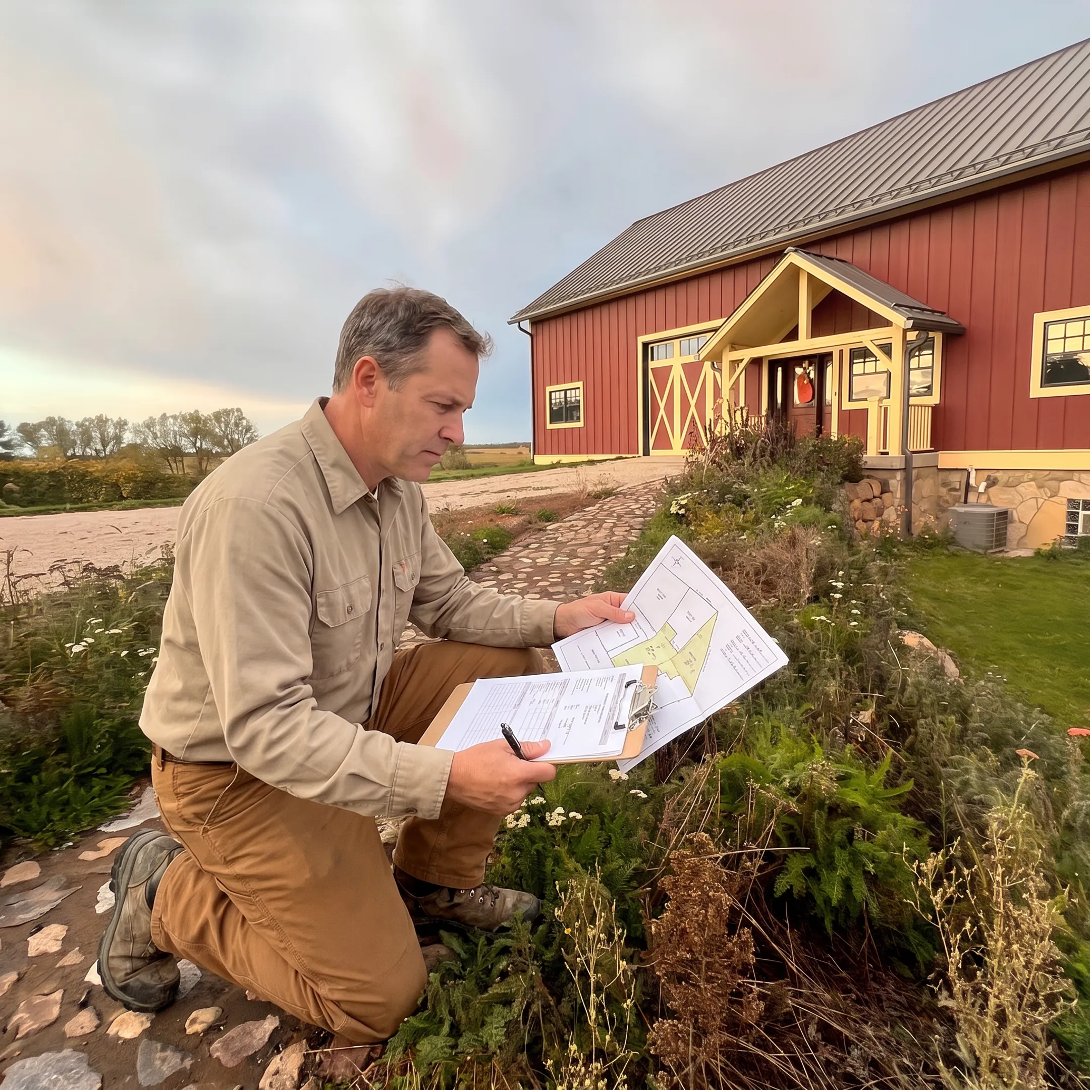 Environmental consultant examining farmland and assessment documents
